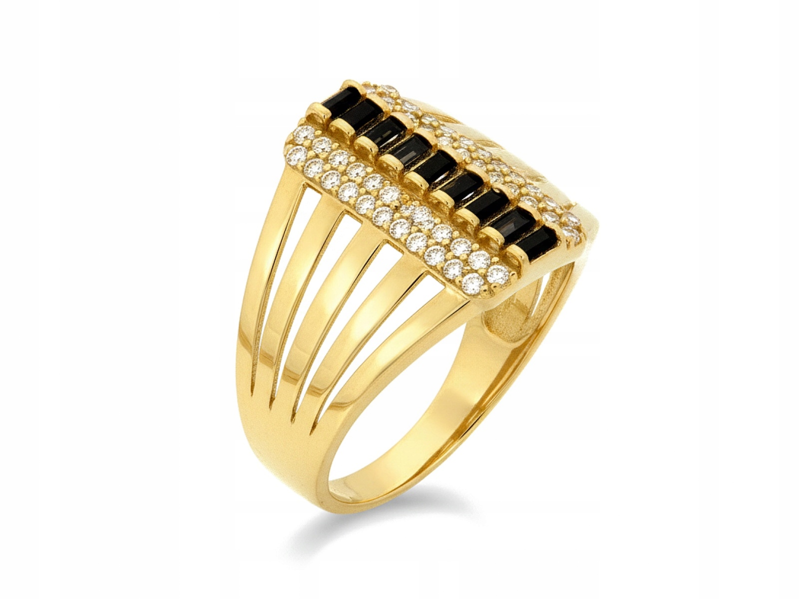 14k Široký zlatý prstýnek 585 s Černými zirkony 20R prolamovaný 2,75g