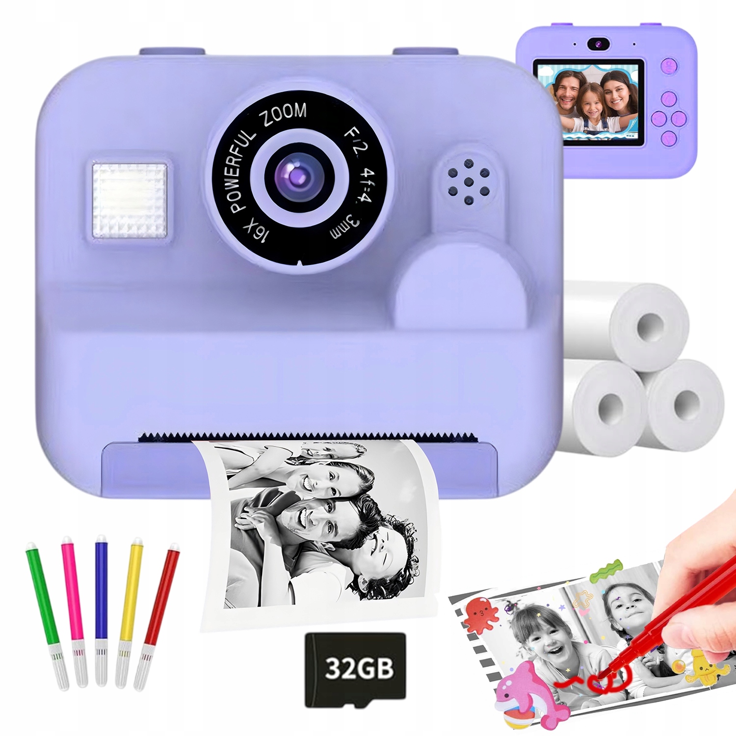 Kamera S Okamžitým Tiskem 1080P S 32GB Sd Kartou A Selfie Módem