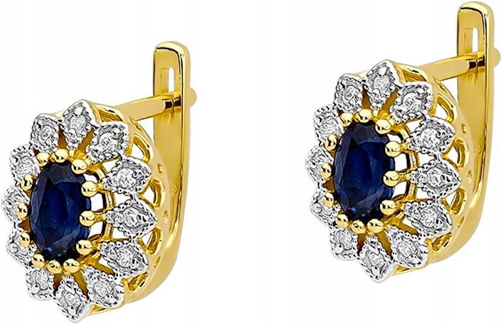 Zlaté náušnice 585 s anglickým safírem a diamanty, elegantní design pro ni