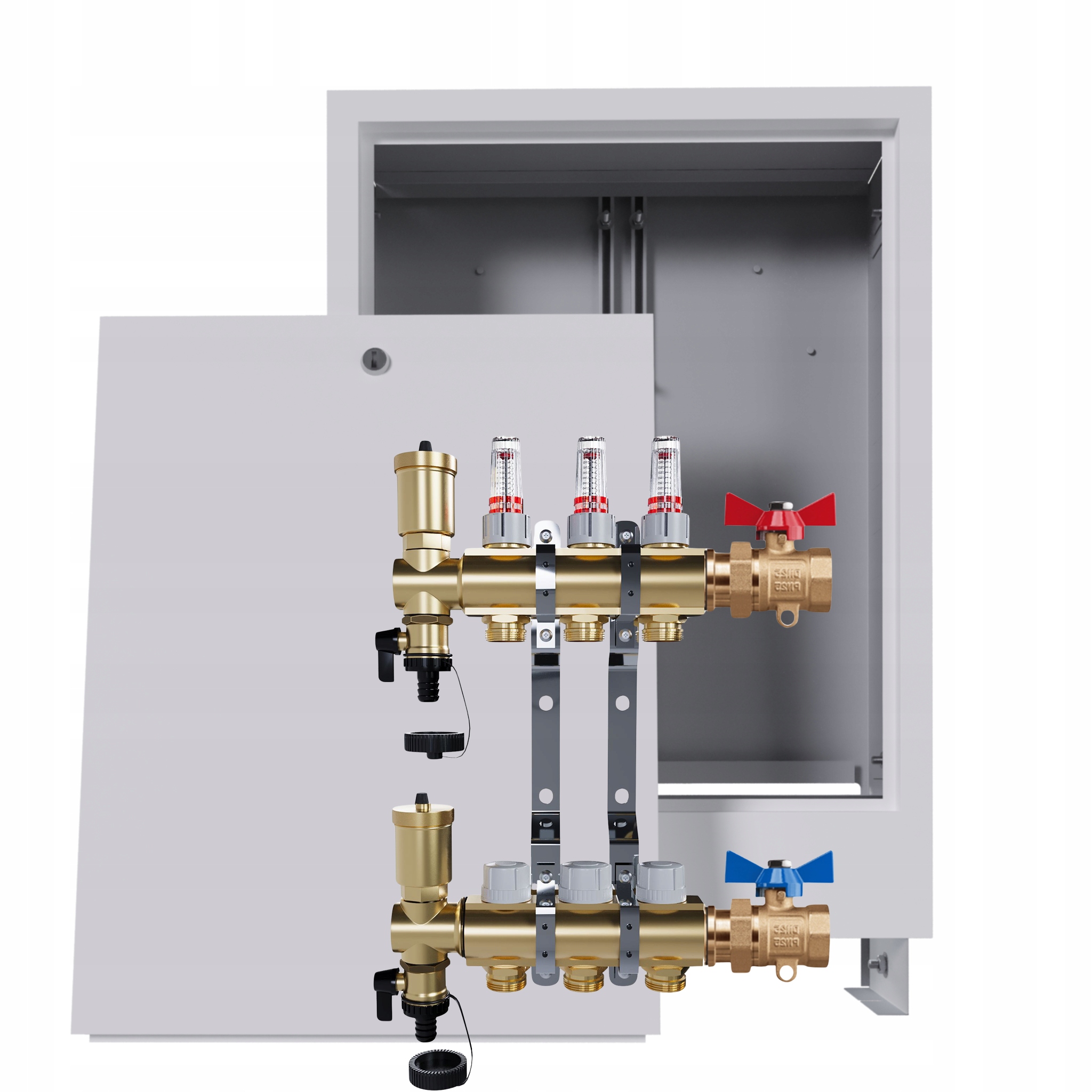 Rozdělovač podlahový mosazný 3 okruhy Podomítková skříň Jednoduchý ventil