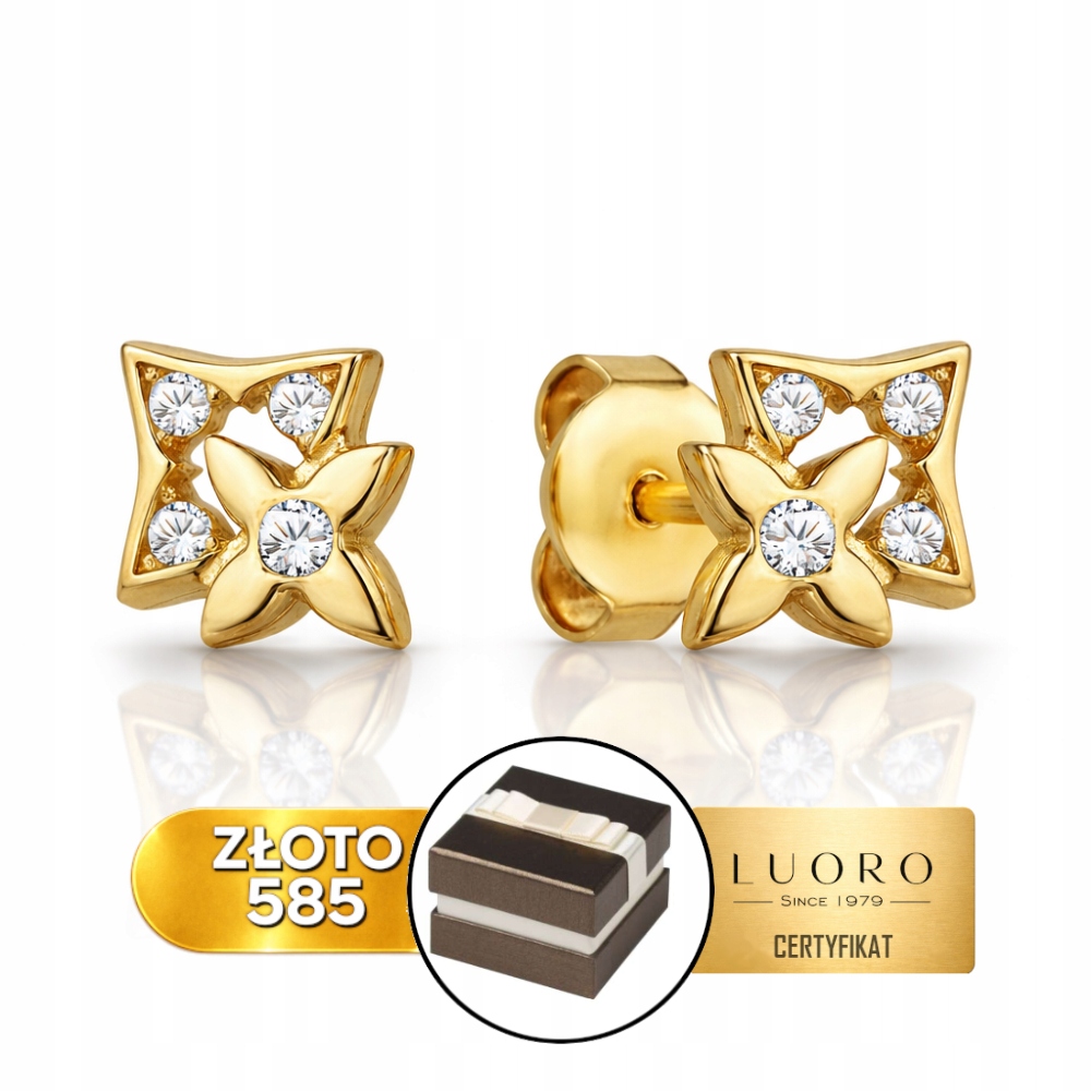 Náušnice Zlaté 585 14K Květina Zirkony Tyčinka Jemná 7 MM 5 MM