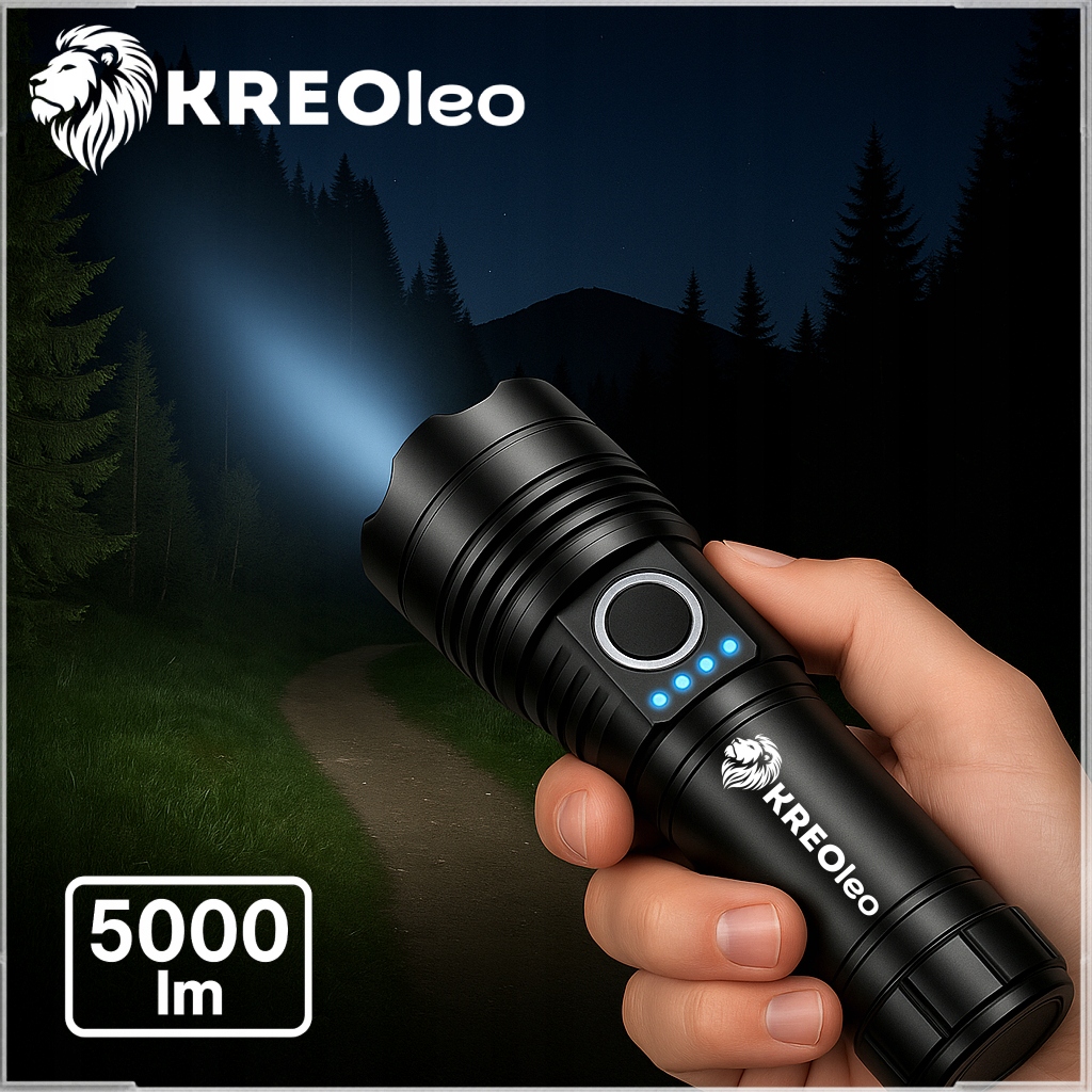 MOCNA LATARKA TAKTYCZNA LED AKUMULATOROWA ZOOM SURVIVALOWA NA PREZENT USB C Marka KREOleo