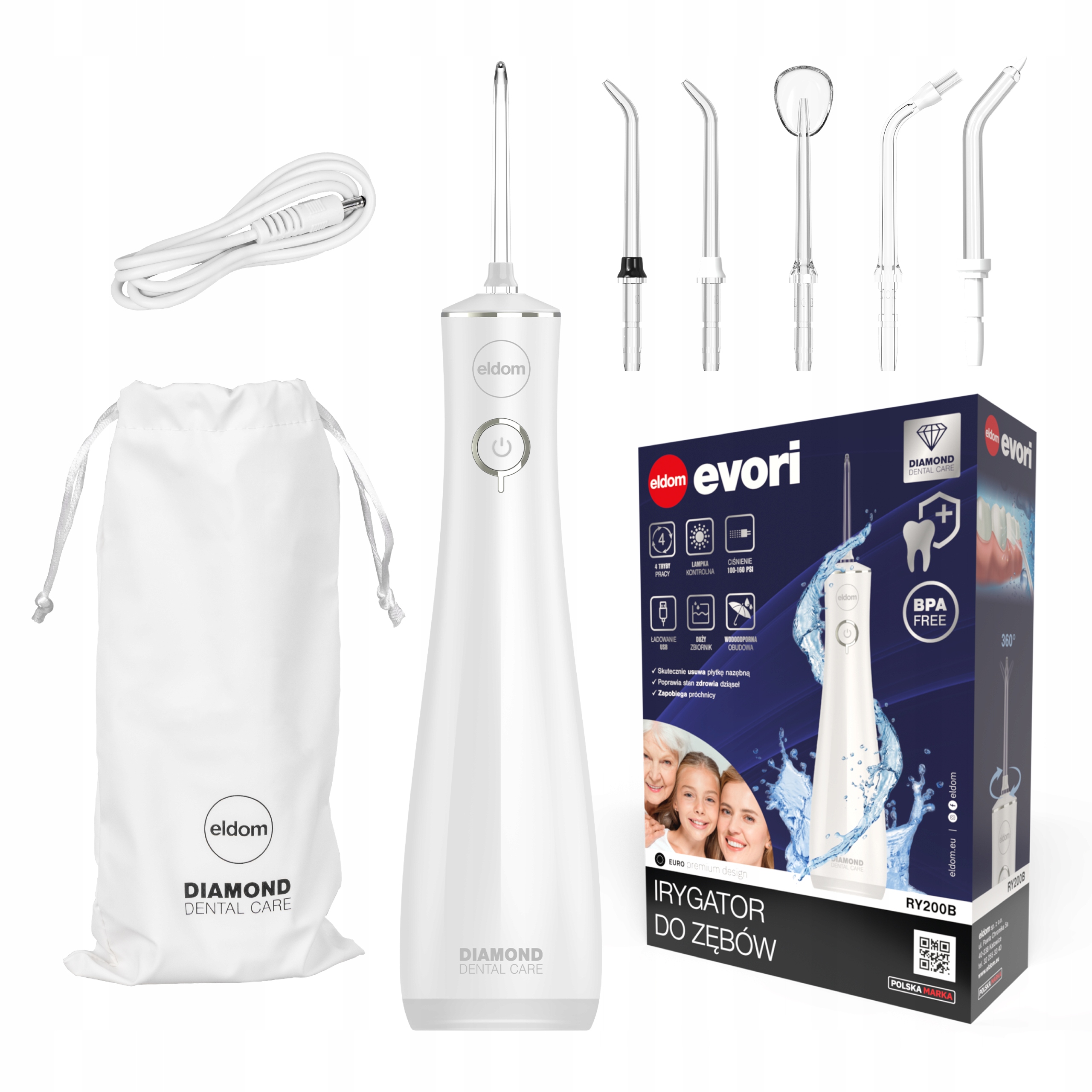 Irygator do Zębów Bezprzewodowy 4 Tryby 5 Końcówek IPX7 Eldom RY200B biały