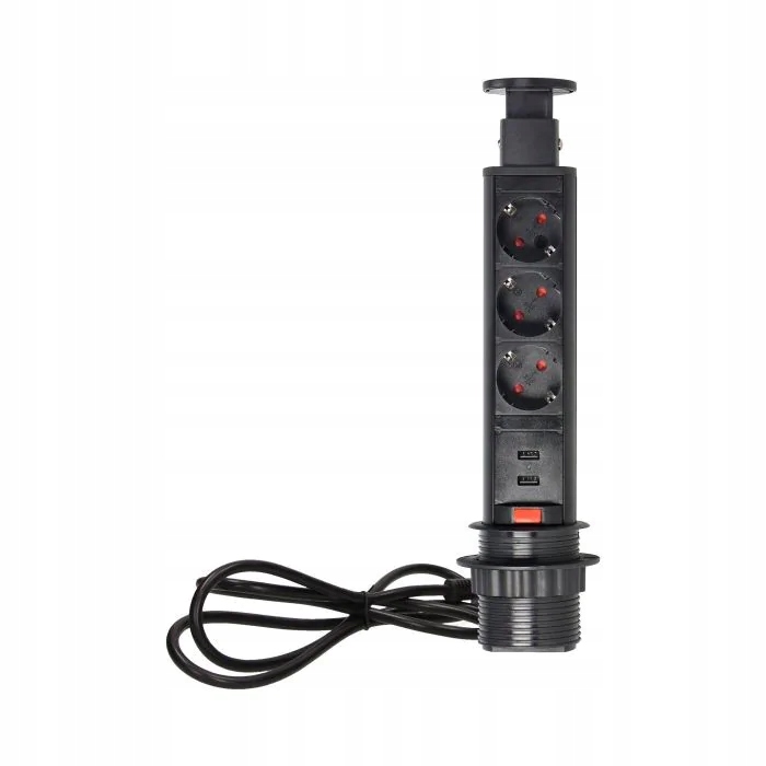 Černá výsuvná stolní zásuvka s Usb nabíječkou a kabelem Schuko Orno