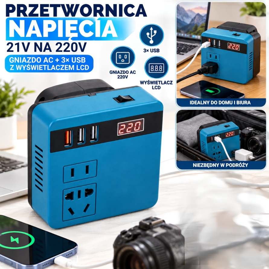 Przetwornica napięcia 21V na 220V inwerter LCD gniazdo Ac 3x Usb