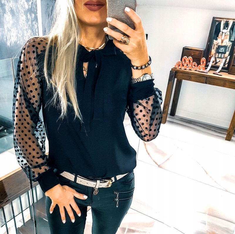 . ELEGANCKA BLUZKA KOSZULA Z KRAWATKĄ GROSZKI 42 Rozmiar XL