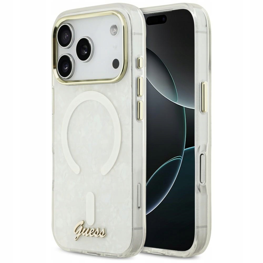 Pouzdro Guess iPhone 17 Pro Max MagSafe bílé Script Metal IML Shell case
