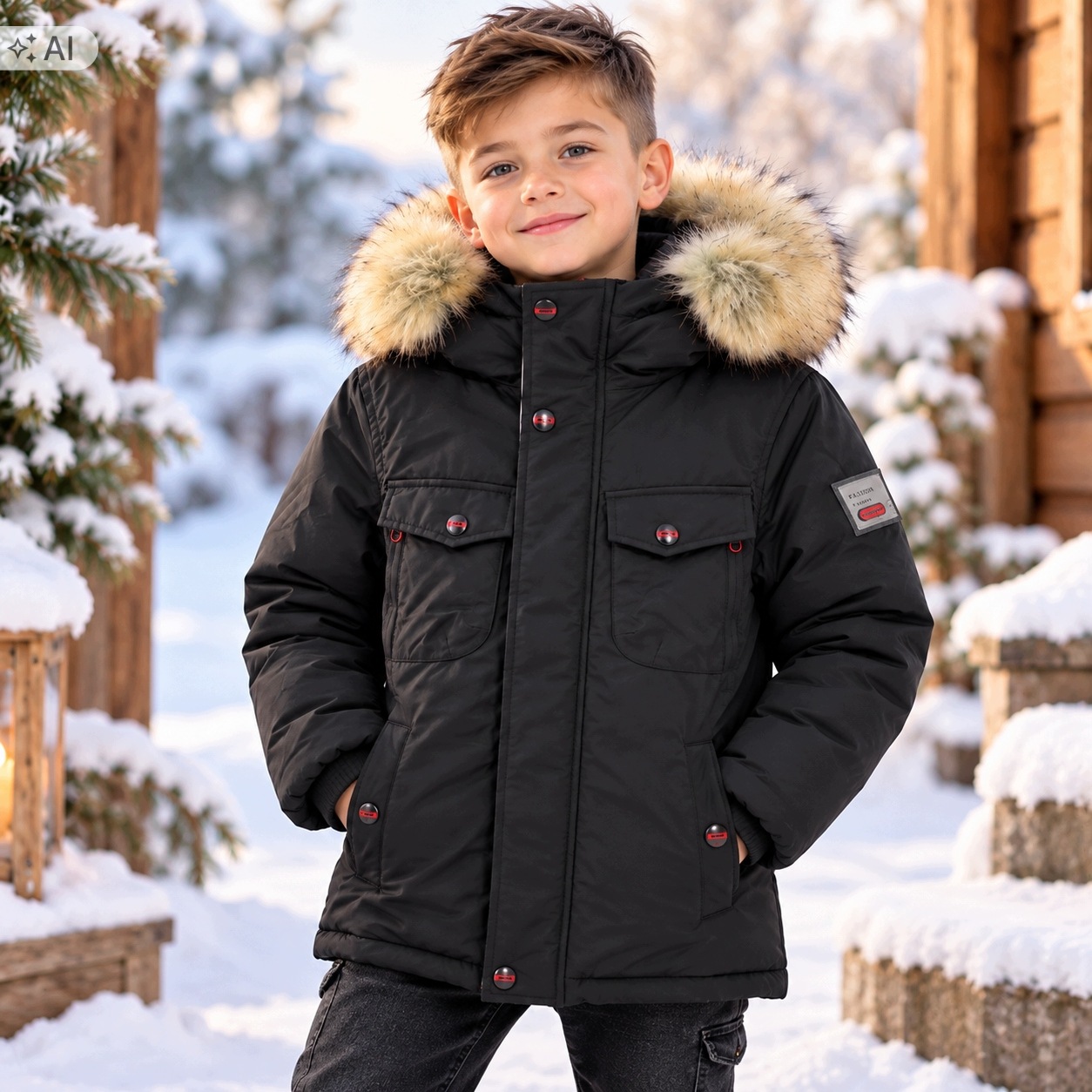 Kurtka Zimowa Chłopięca Parka Czarna z futerkiem rozm. 8(128/134)