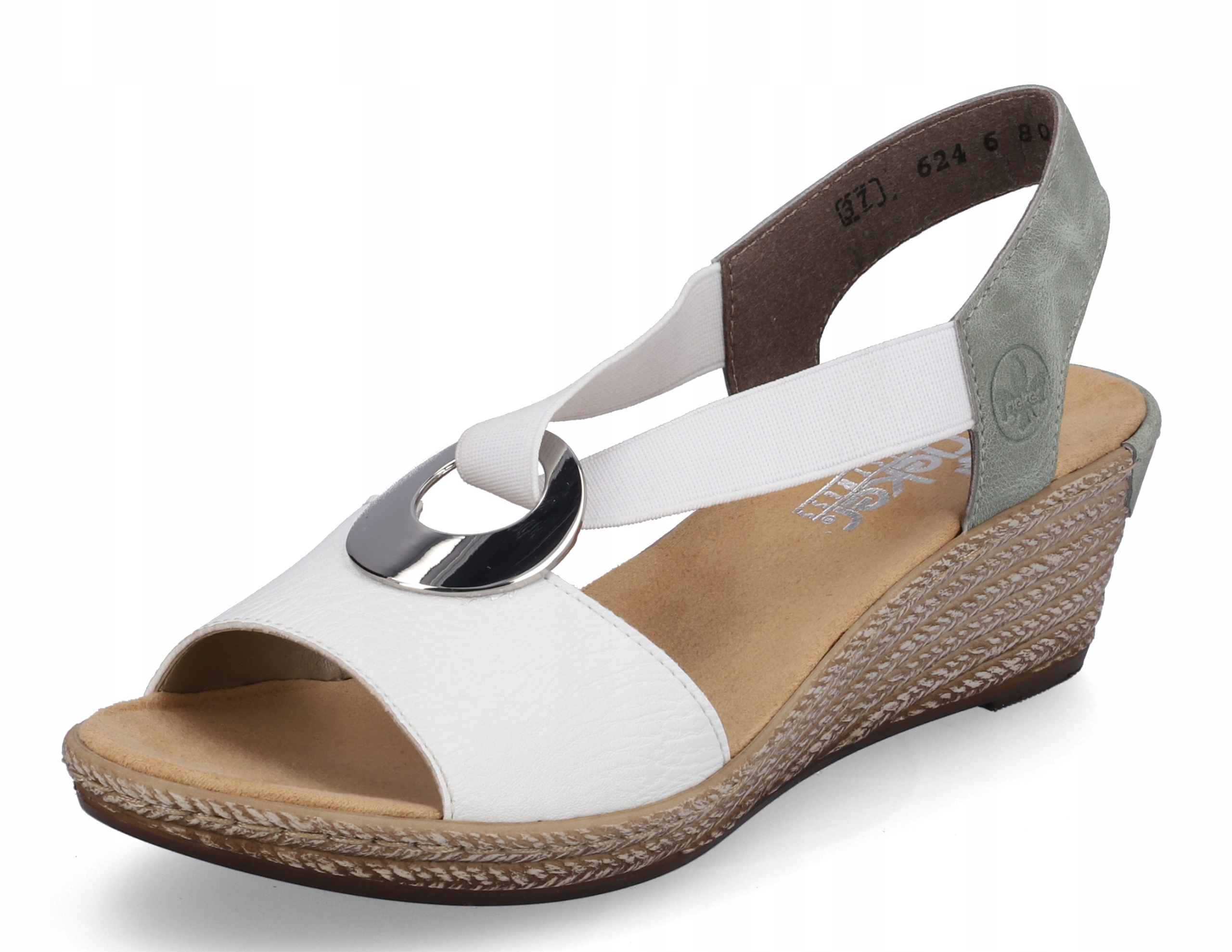 Wygodne sandałki koturna biało miętowe Rieker r38