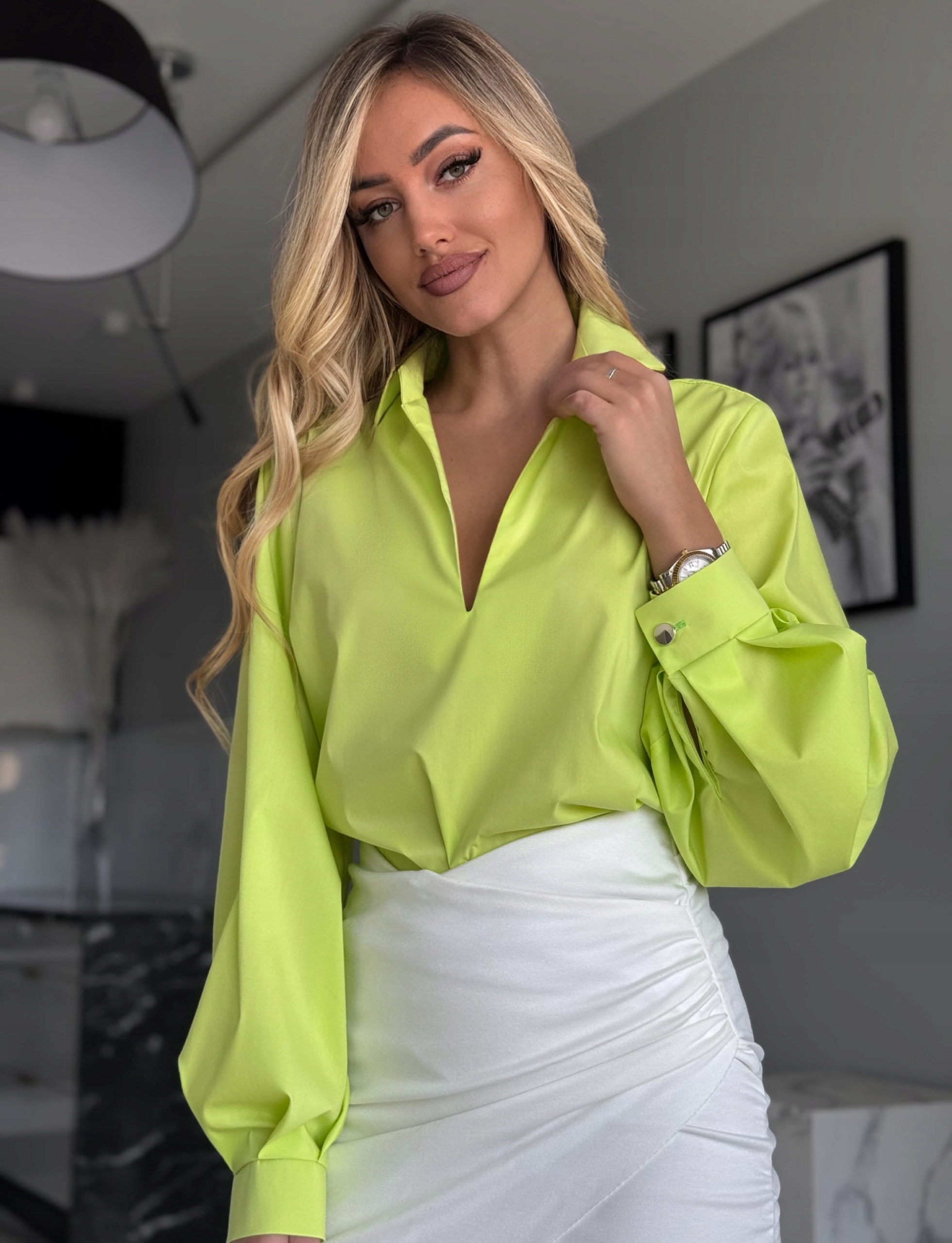 Elegantní dámská košile s bufiastými rukávy Stylová Limetka S