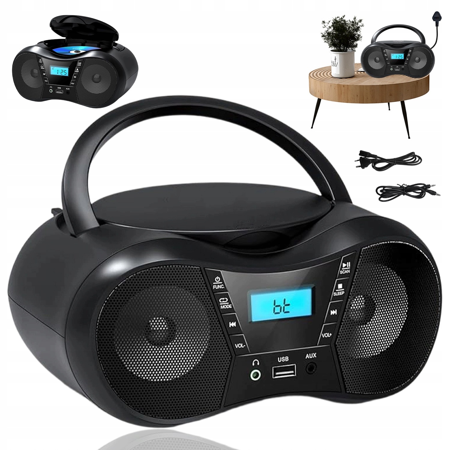CD Přehrávač Přenosné Rádio Bluetooth 5.1 Fm Usb Aux 3W Stereo, Černý
