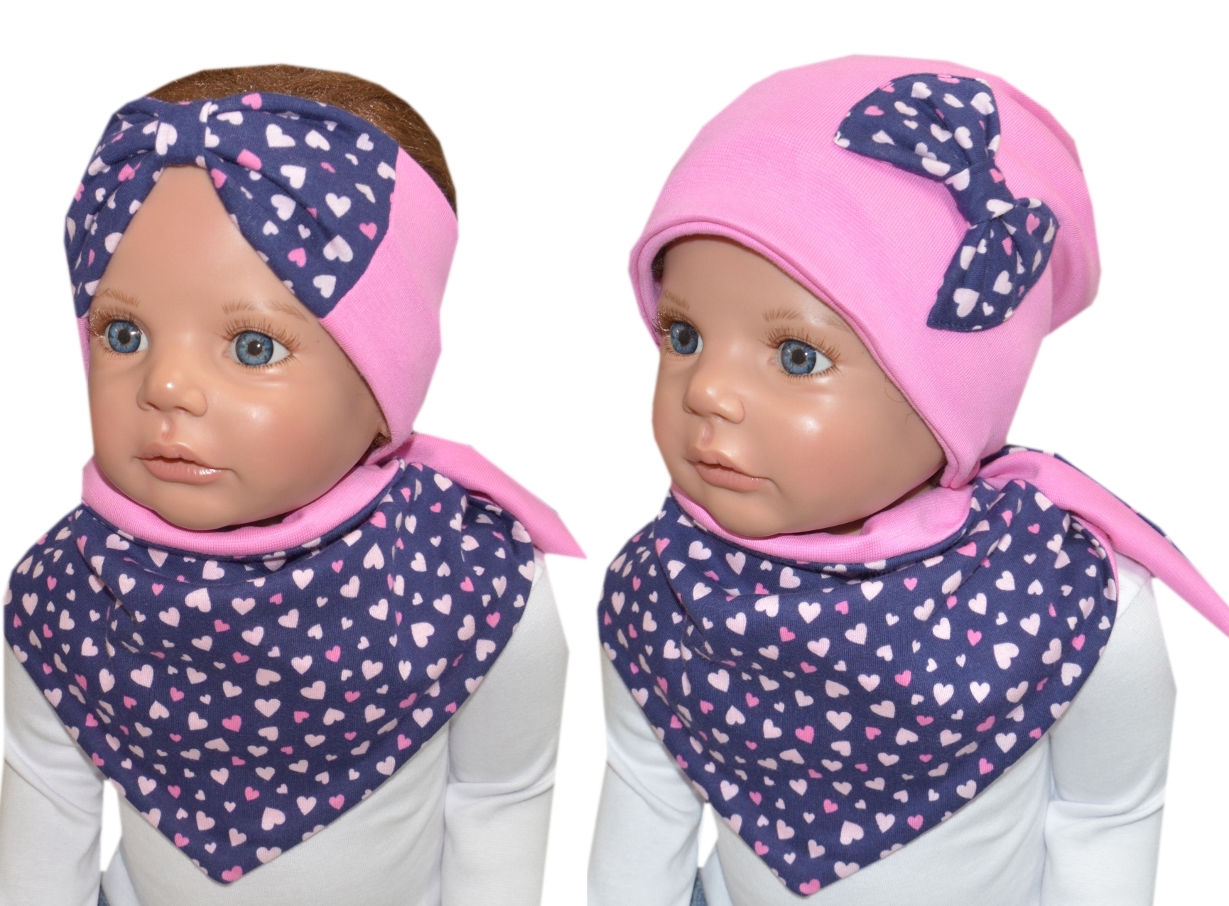 

czapka chusta opaska 46-49cm 2-4l serca c.róż