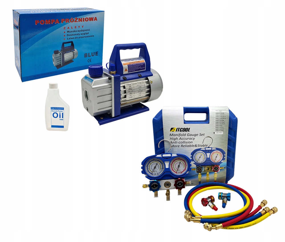 Manometry Aitcool s rychlospojkami R134a vakuová pumpa 42 l/min