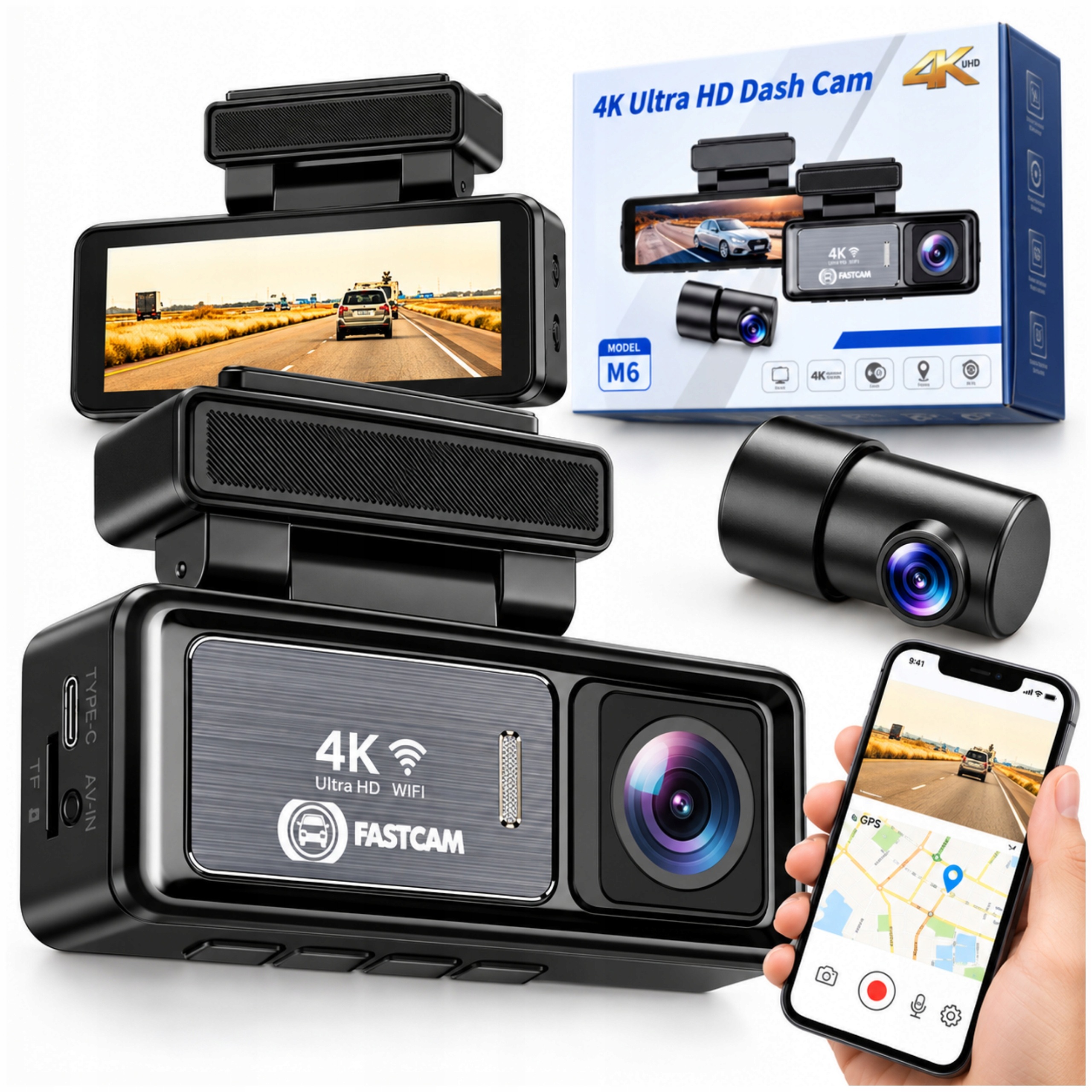 Kamera Samochodowa 4K Wideorejestrator Przód Tył WiFi Gps Tryb Parkingowy