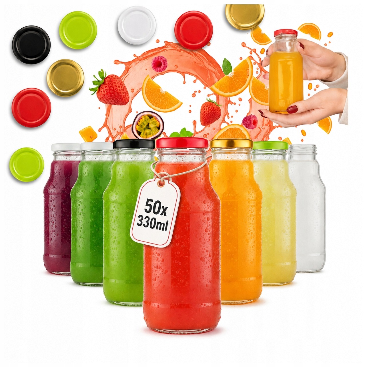 50 x Skleněné lahve na džus Kubuś 330 ml Set Skleněná Láhev Víčko