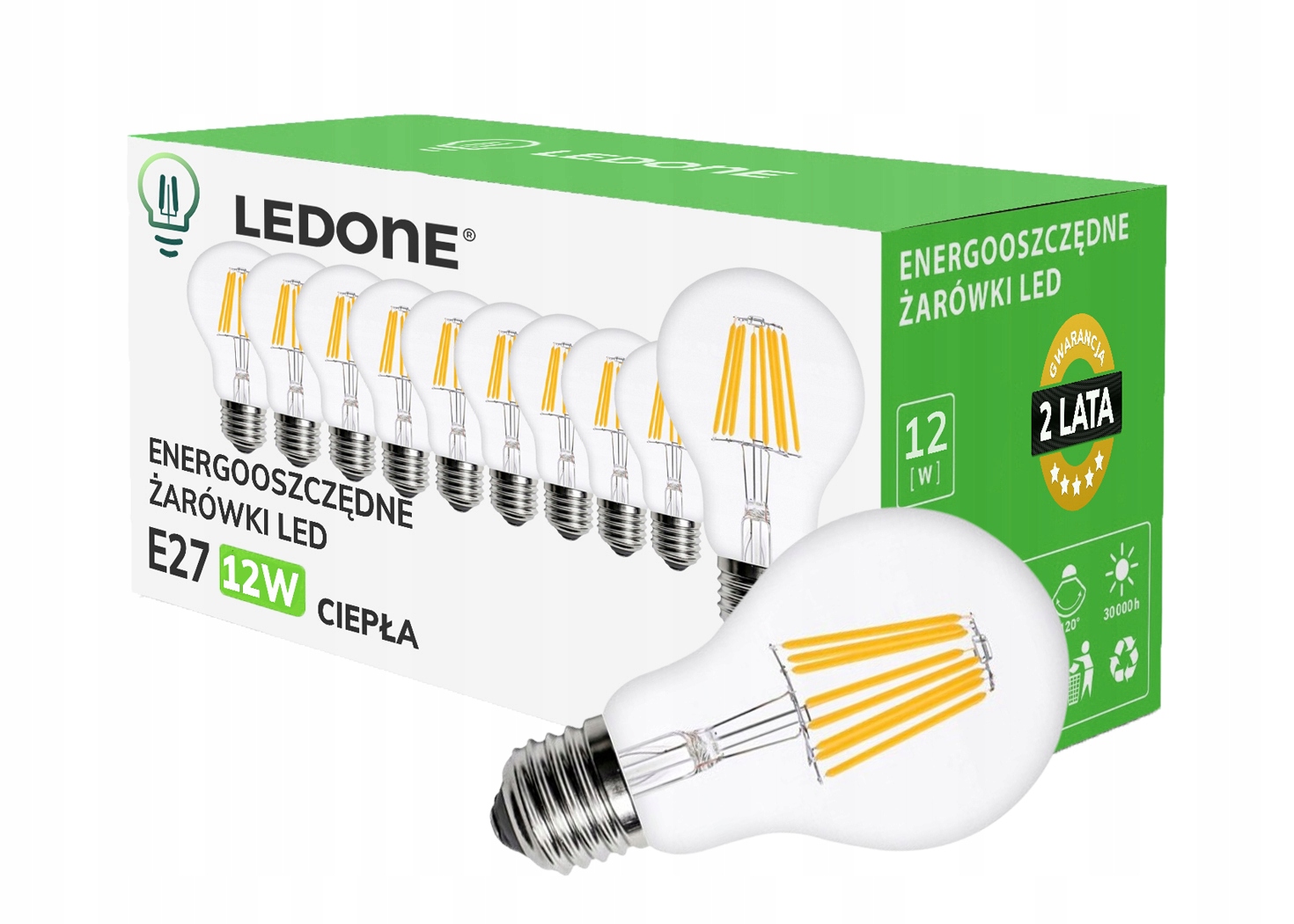 10x Led filamentová žárovka E27 A60 12W bílá Teplá retro Clear Led sada