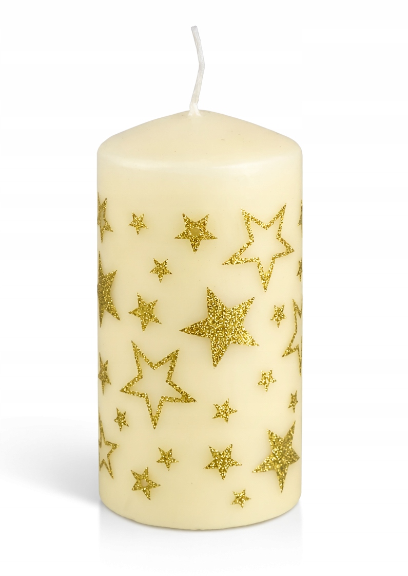 Świeca ozdobna ze złotymi gwiazdkami,13 cm,Ø 5,7 cm, czas palenia 38h
