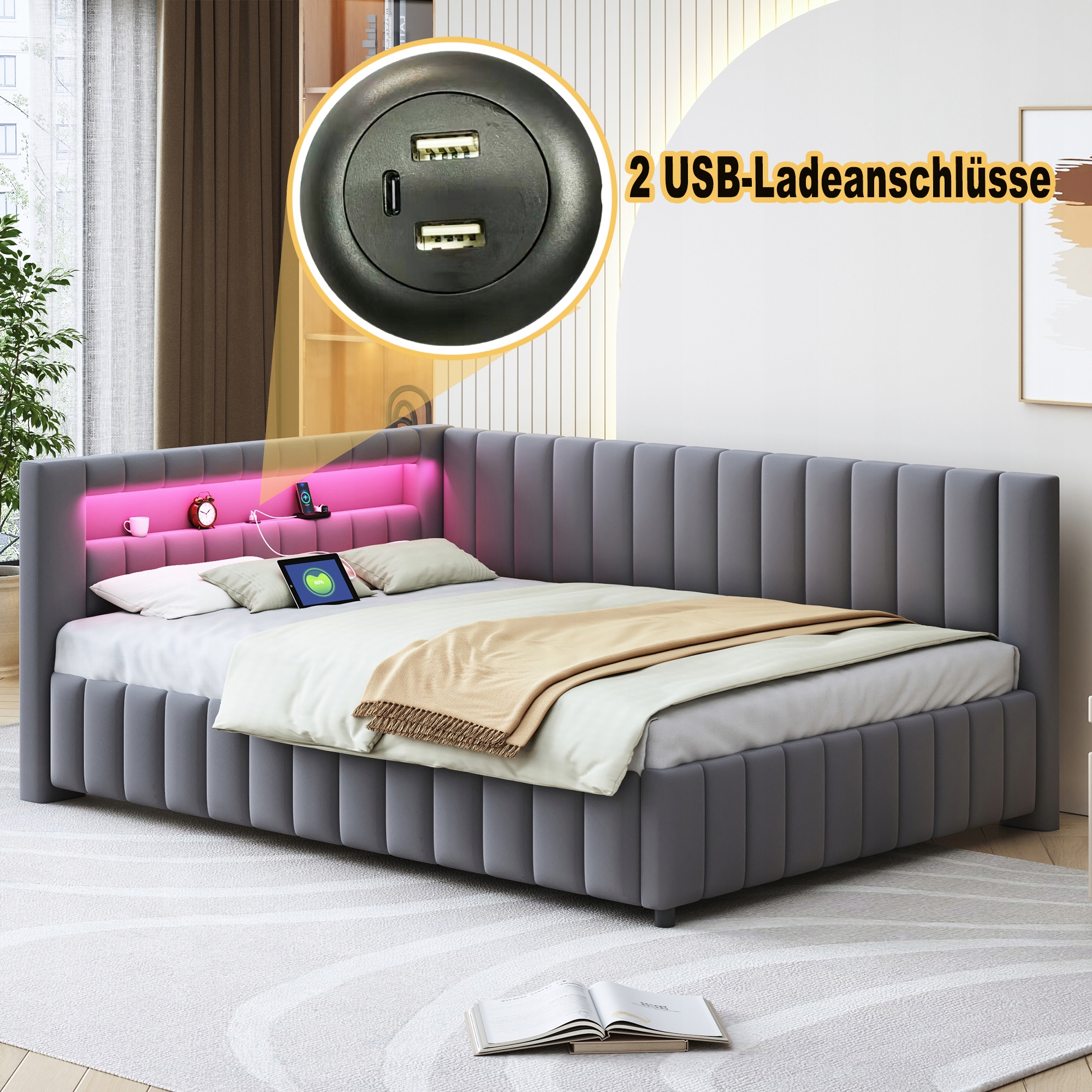 Letto Imbottito 140X200 - Xylo - Grigio, Led, Usb