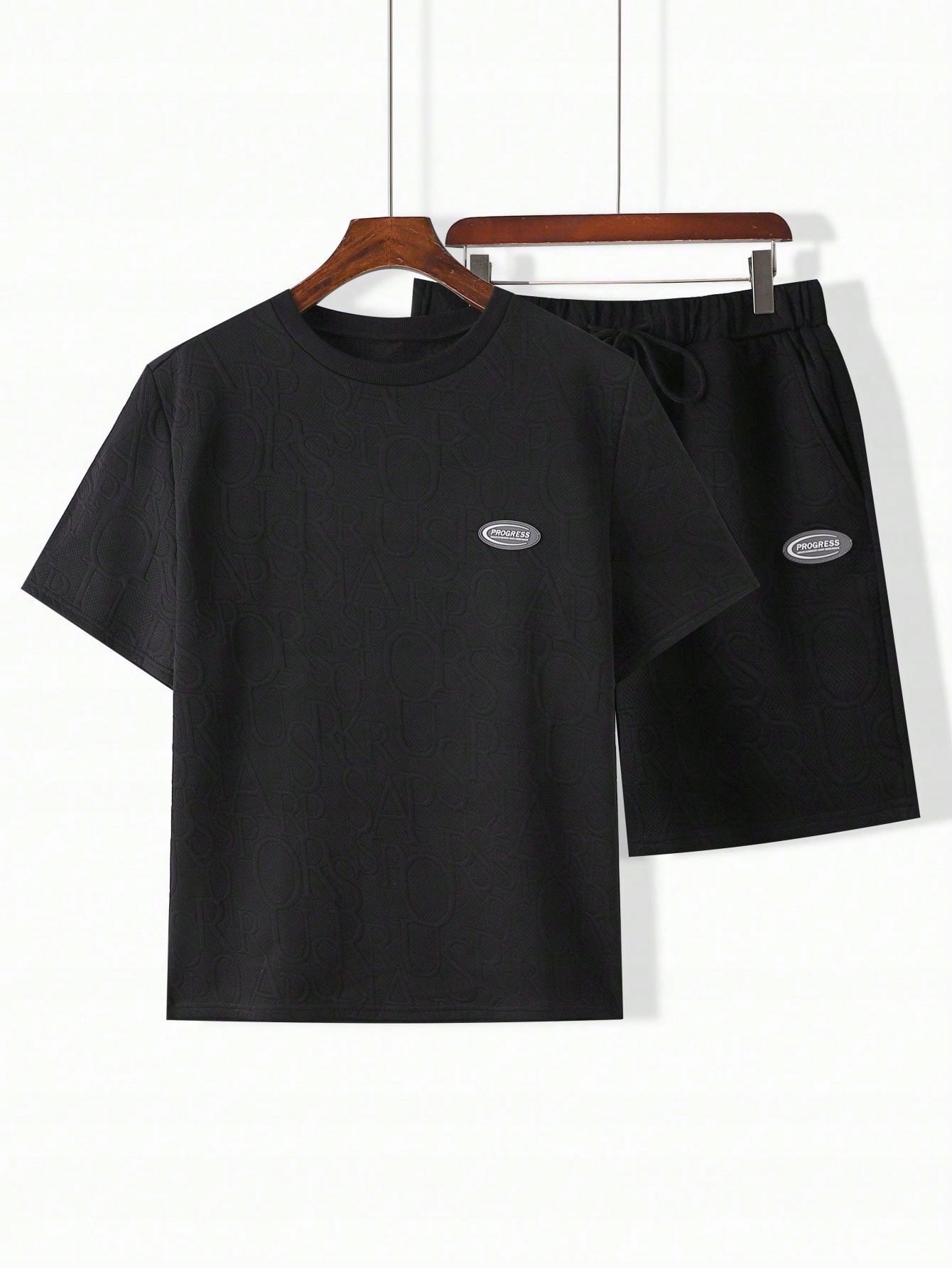 Pánský Strukturovaný Teplákový Komplet, Černé Tričko Šortky Shein 3XL