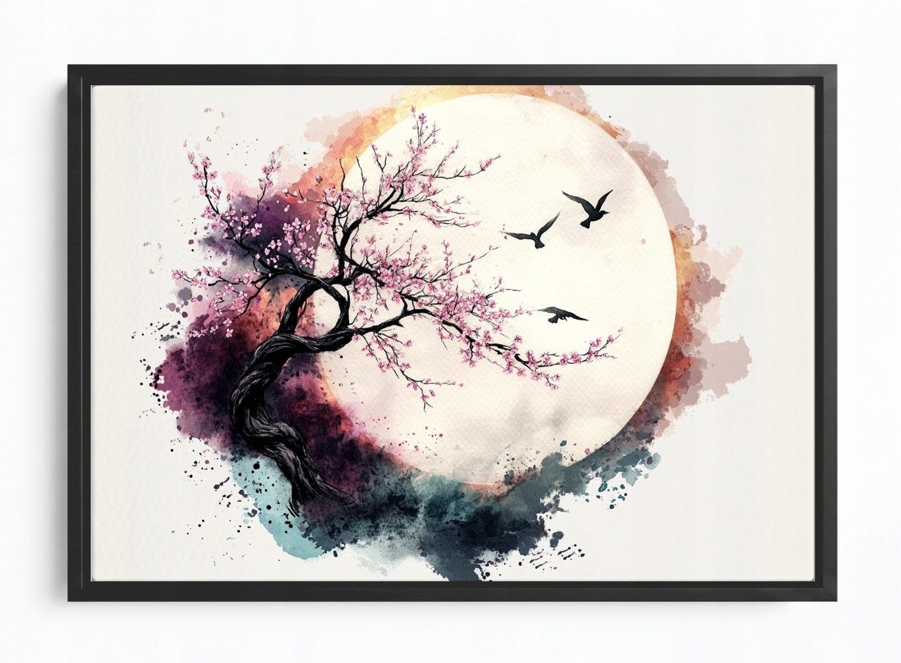 Obraz Rám Americká Krabička Grafika Měsíc Ptáci Višeň Sakura Japandi 60x40