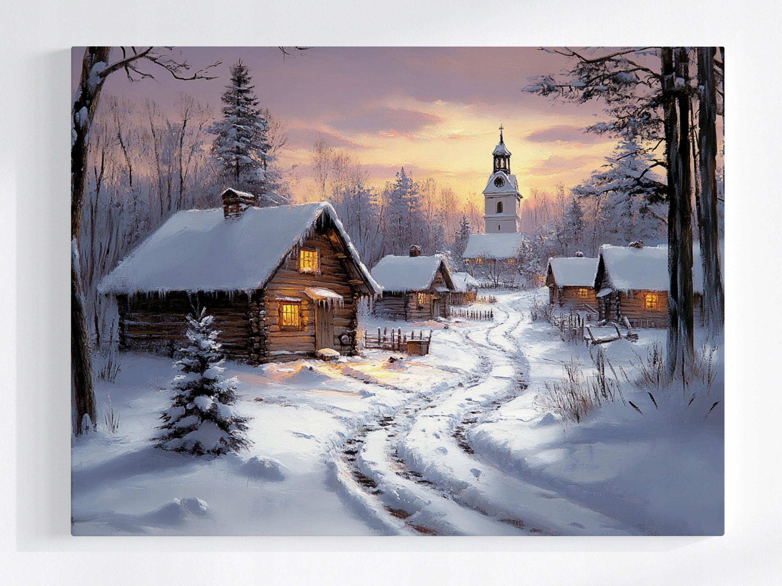 Obraz Na Plátně Canvas Krajina Vesnice Kostel Domy Zima Sníh 80x60