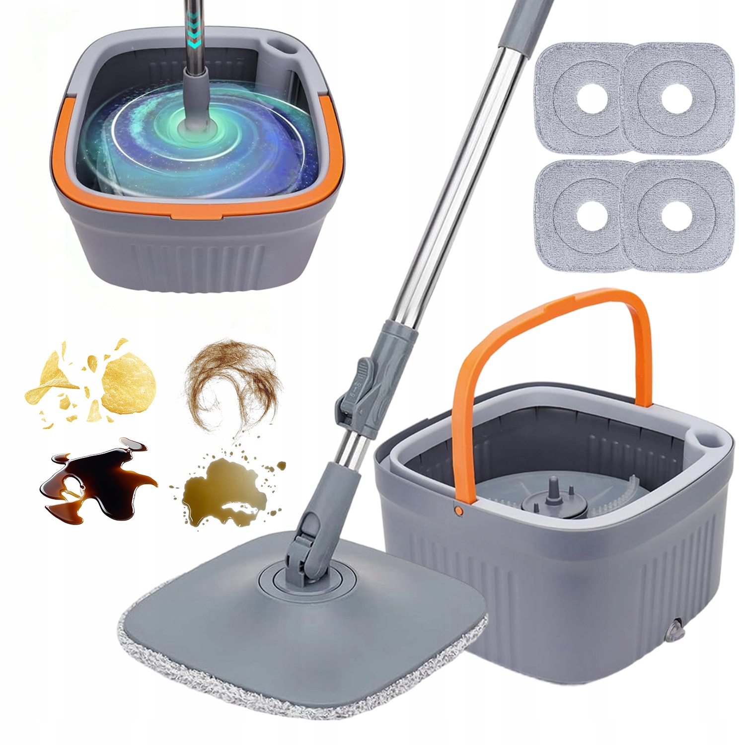 Ergonomiczny Zestaw Mop Płaski Obrotowy Z 4 Mikrofibrowymi Gąbkami Wiadro