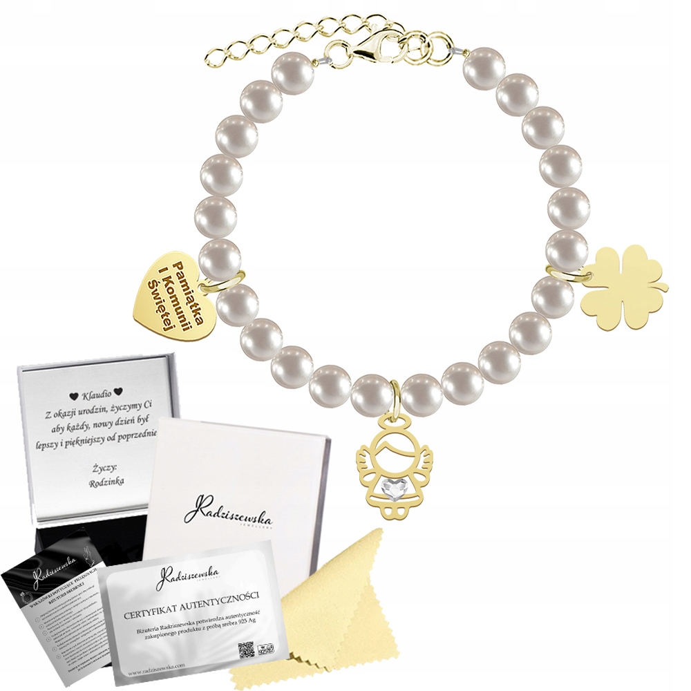 Zlatý náramek na svaté přijímání Andělské srdce Gravírování Jetel Stříbro 925