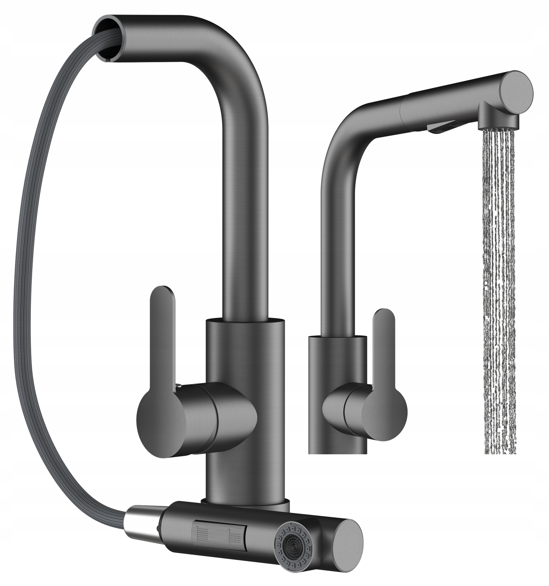 Gun Grey Metalický Kuchynský Kohútik S Výsuvným Výtokom, 2 Prúdy Do Umývadla Ebro