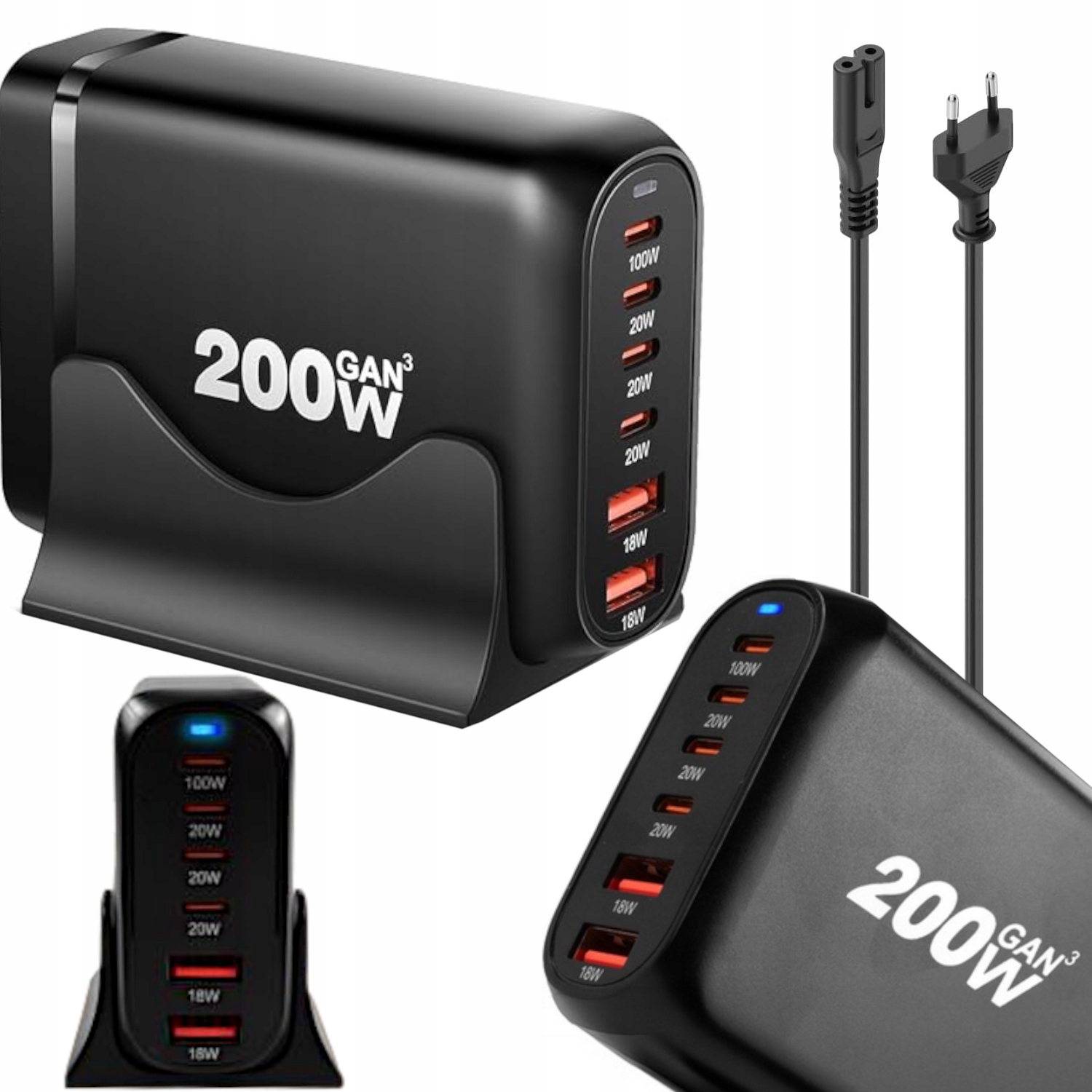 Výkonná Síťová Nabíječka Dokovací Stanice Pro Rychlé Nabíjení 200 W GaN Qc