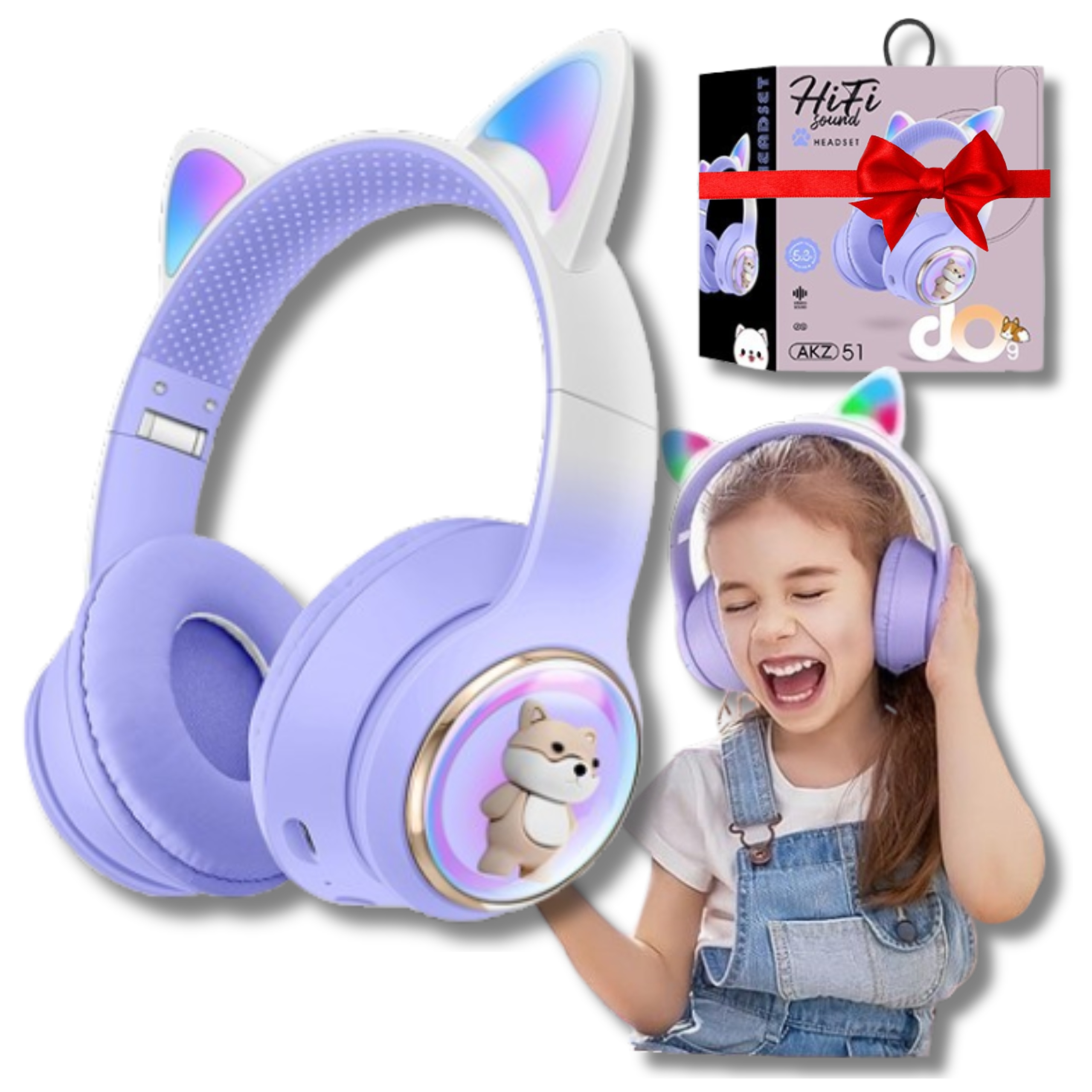 Słuchawki Dla Dzieci Kotki Led Bluetooth Wygłuszające Kocie Uszy MP3 Fiolet