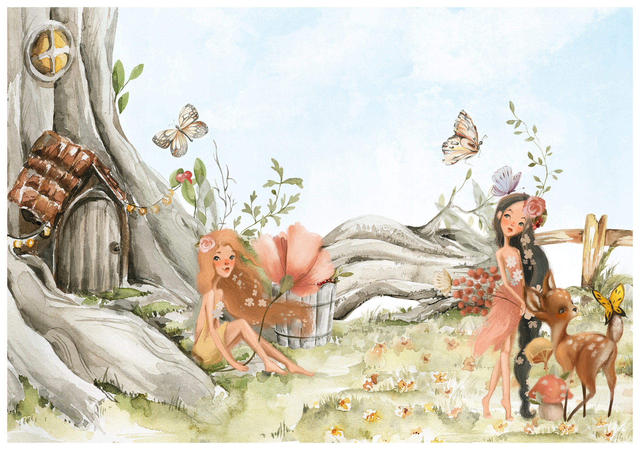 Tapeta Lesní děti Jelení víly Akvarel Pastelové barvy 312x219 lepidlo