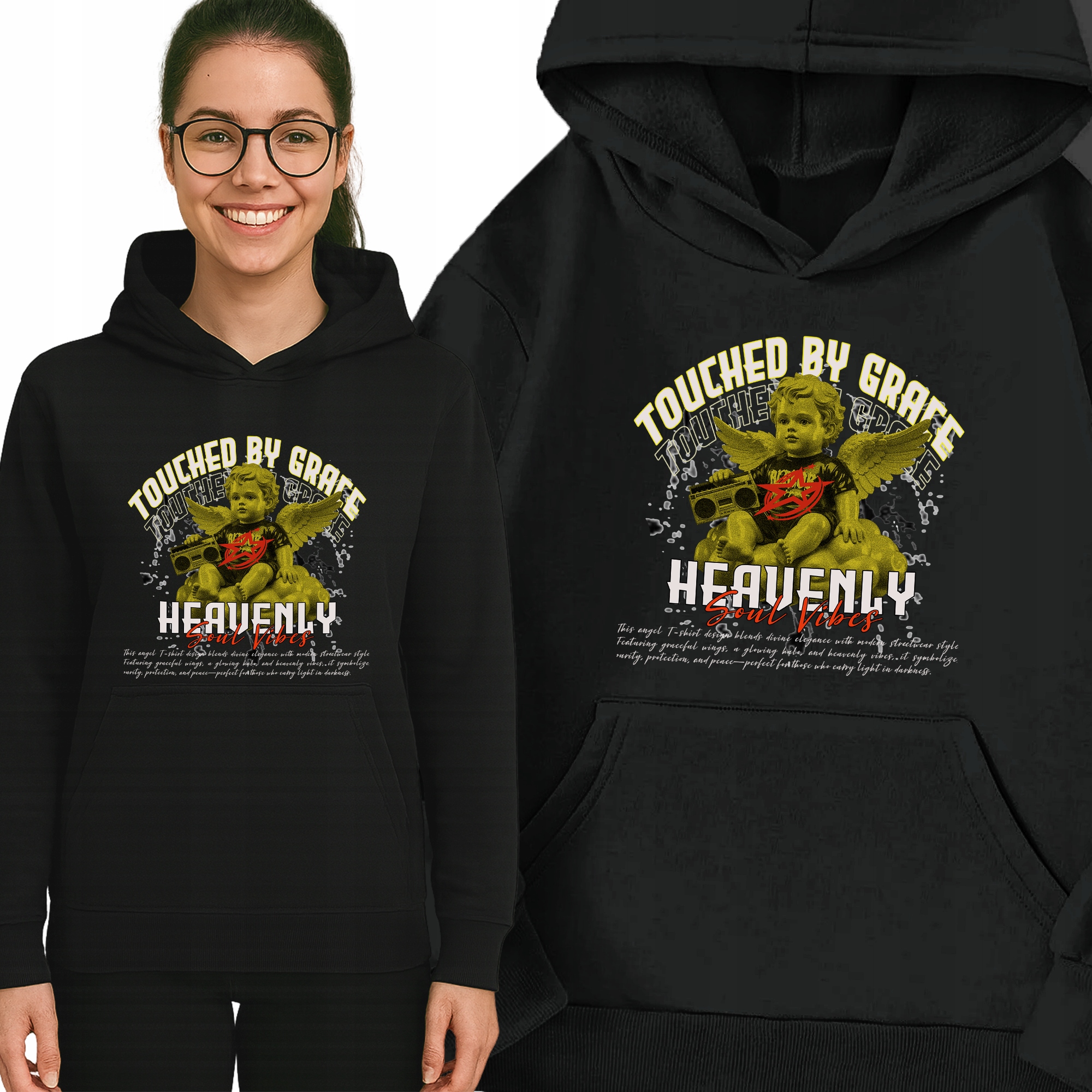 Mikina černá Touched By Grace S Kapucí Teplá Módní vzor Velikost L