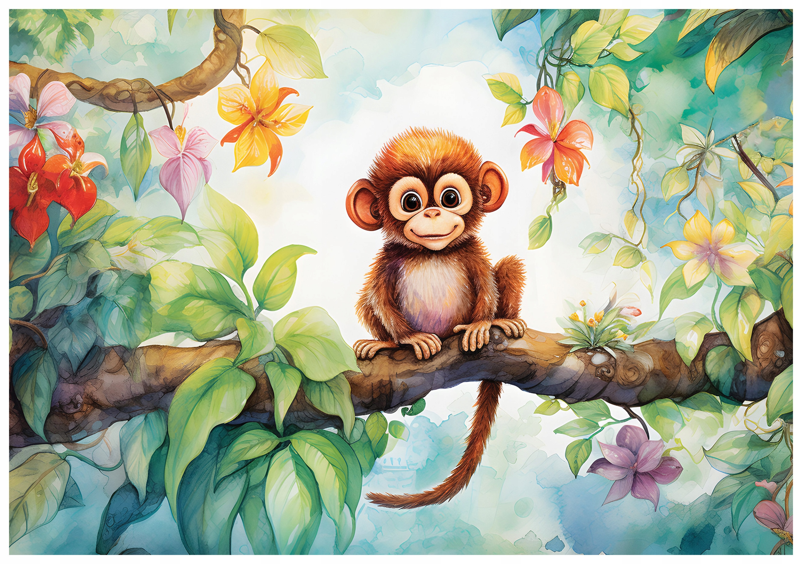 Fototapeta Opička v květinách akvarel do pokoje 208x146 vinylová lepidlo