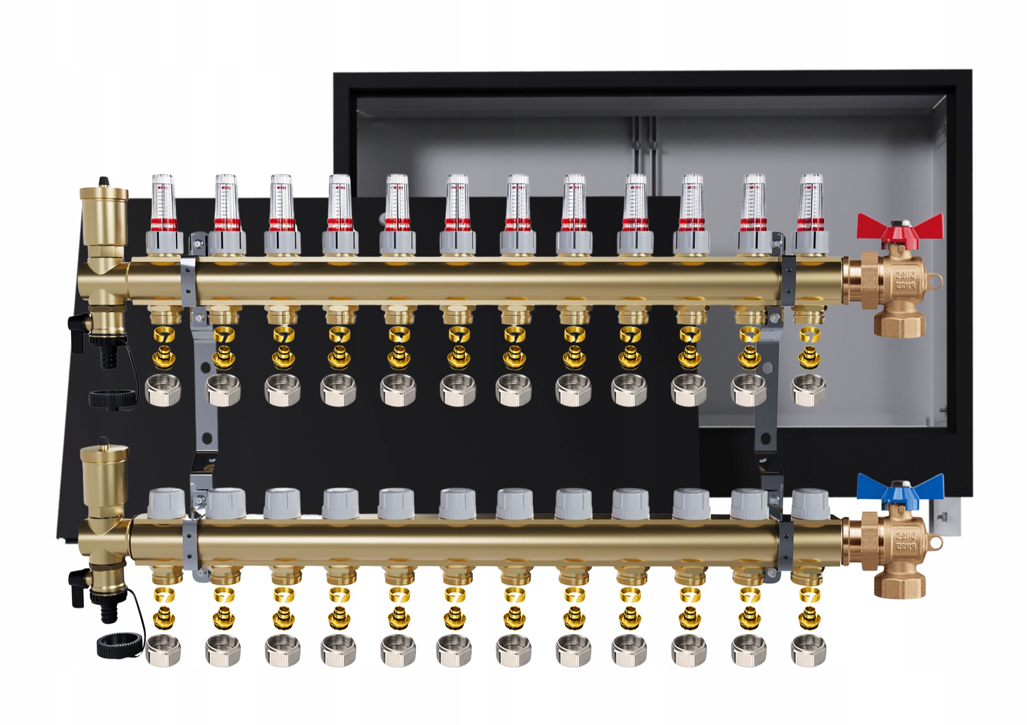 Rozdělovač podlahových krytin mosazný 12 obvodů Podomítková skříňka černá Pex