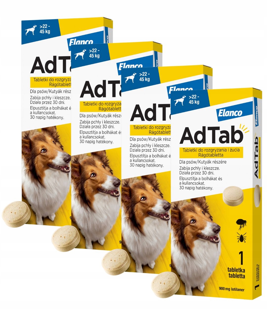 Adtab Dog tabletka na pchły i kleszcze dla psa 22- 45 kg 900 mg 4x1 tab.