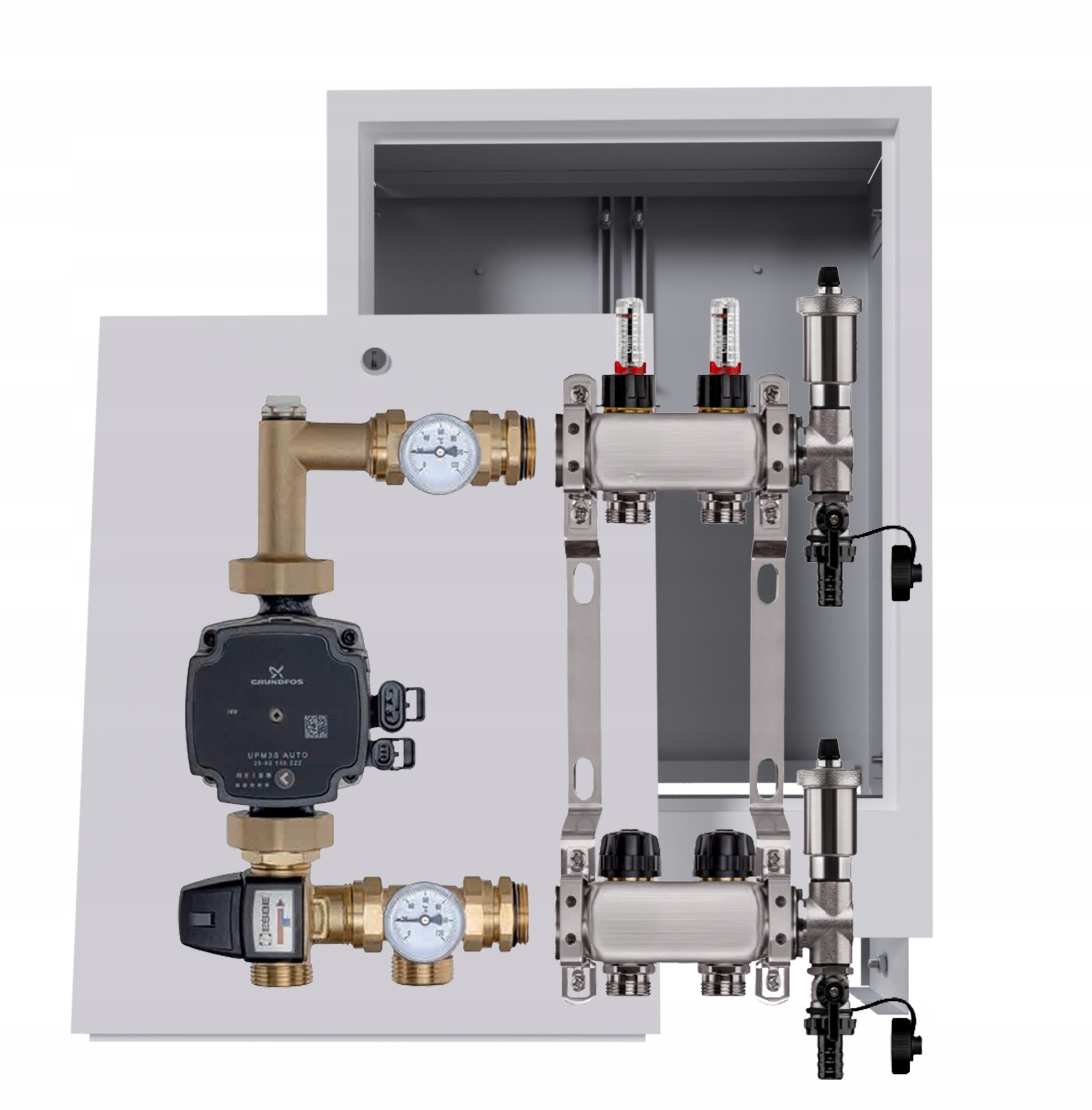 Nerezový rozdělovač pro podlahovku 2 podomítkové boxy Pumpa Grundfos