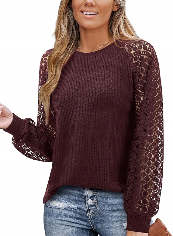 Dámská halenka Elegantní Krajková Dlouhý rukáv Bordó Bavlněná XL