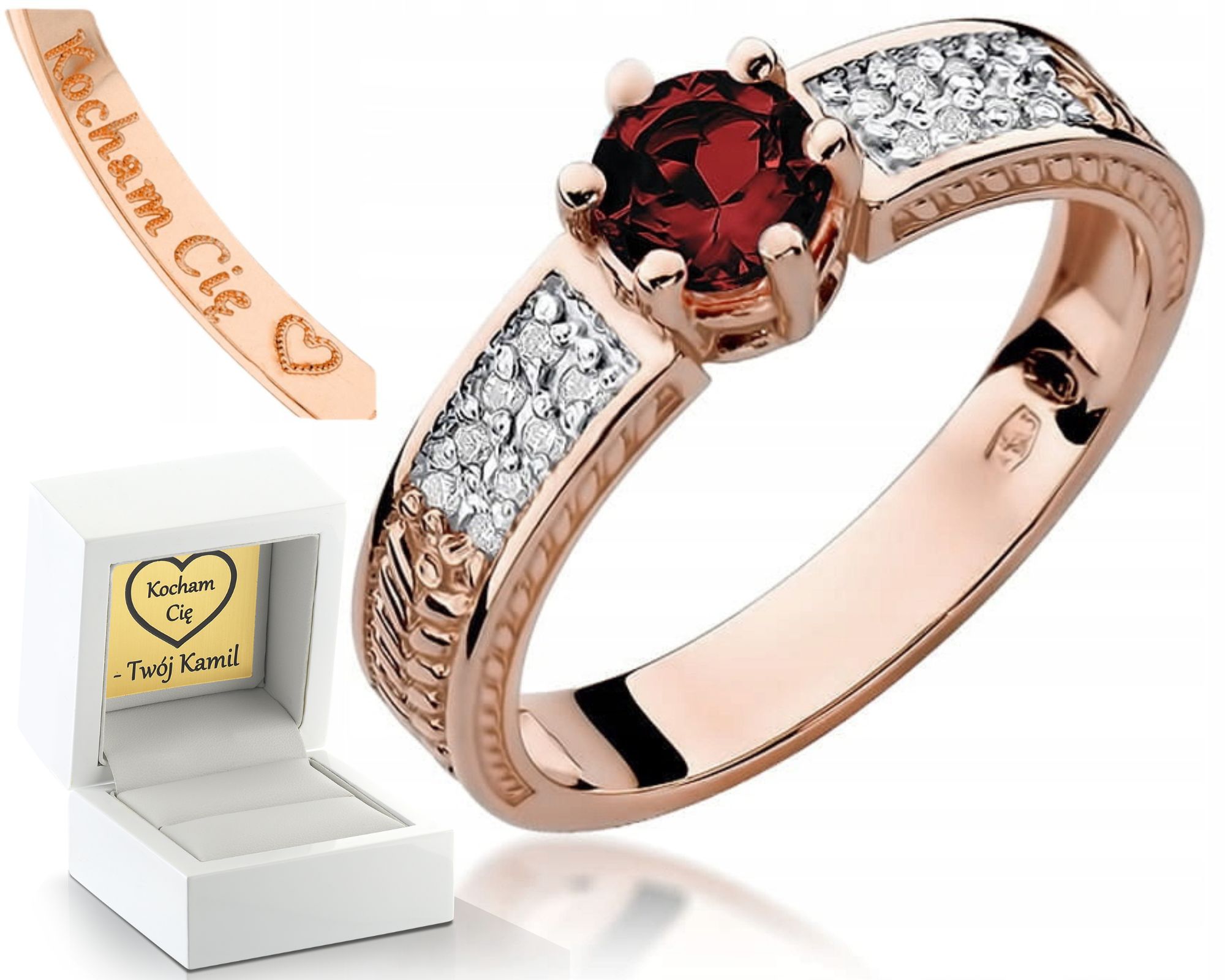 Prstýnek Prsten Z Růžového Zlata S Rytým Rubínem A Gravírování 585