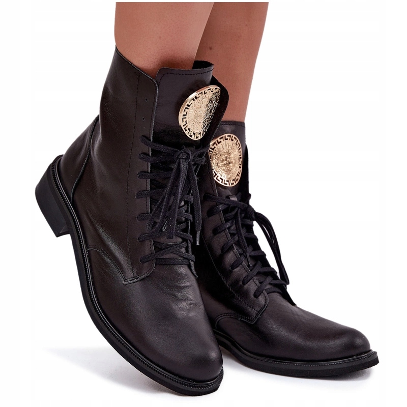 Dámské Kotníkové Boty Přírodní Kůže Zlatý Detail Plochý Podpatek Zazoo 3084 Černé 35