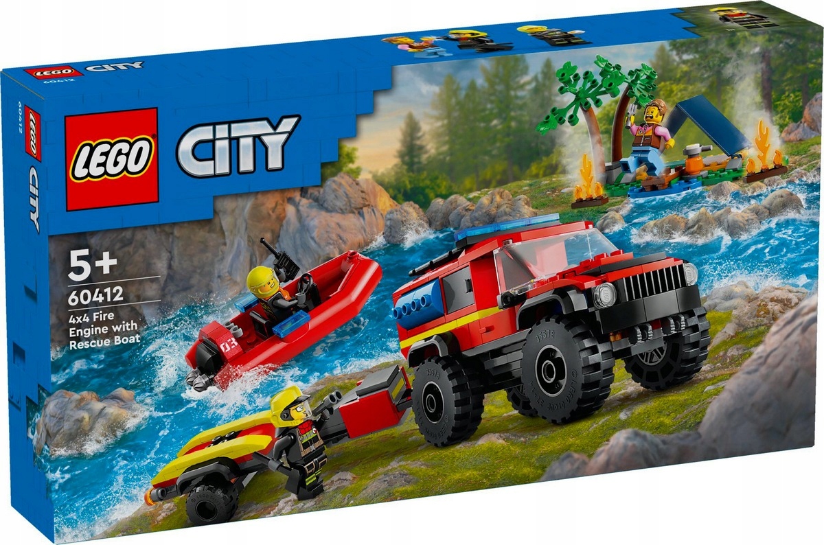 LEGO CITY 60412 TERENOWY WÓZ STARŻACKI Z PRZYCZEPĄ I ŁÓDŹ +Torba prezentowa Marka LEGO