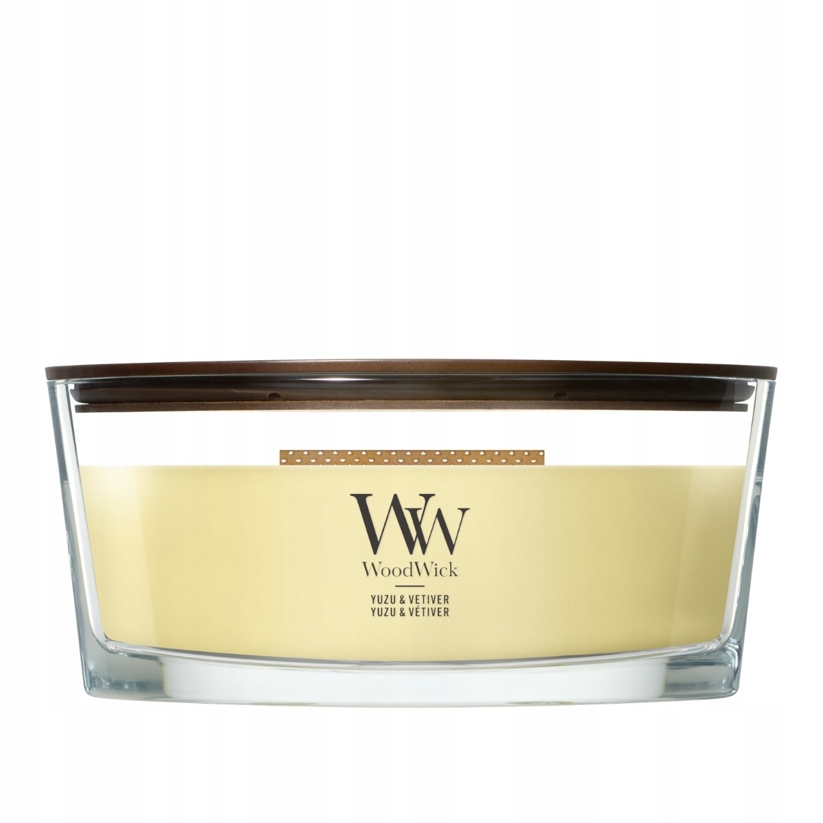 Vonná svíčka Yuzu Vetiver elipsa WoodWick velký dřevěný knot pro relaxaci