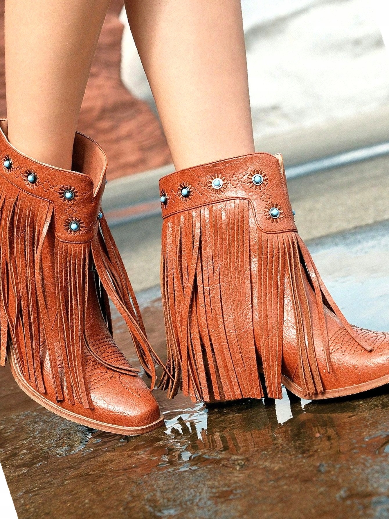 Dámské hnědé Kovbojské Boty s třásňovými nýty v západním stylu na blokovém podpatku, 38 eur