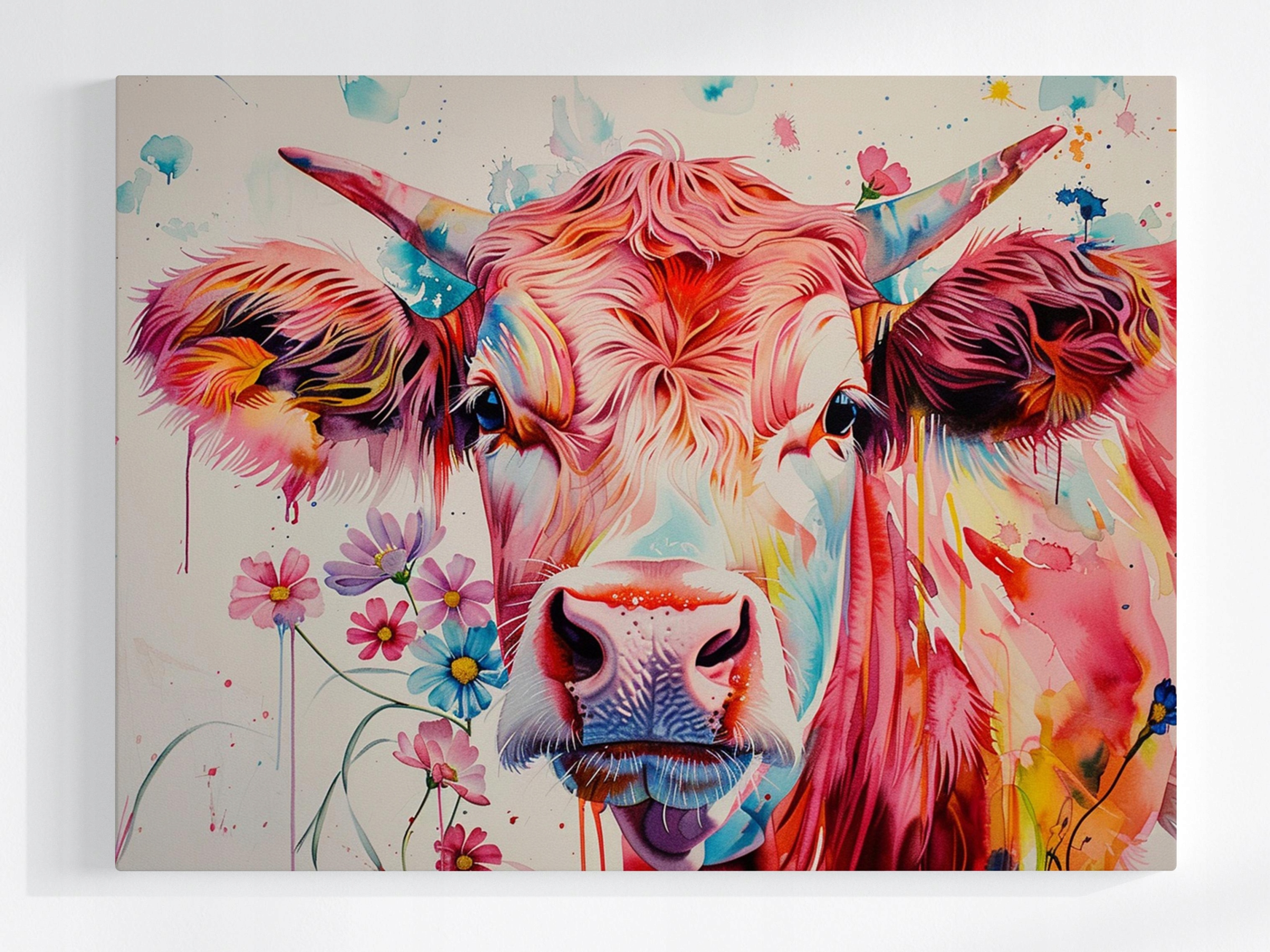 Obraz Na Plátně Canvas Portrét Kráva Růžová Barvy Květiny Boho 100x75