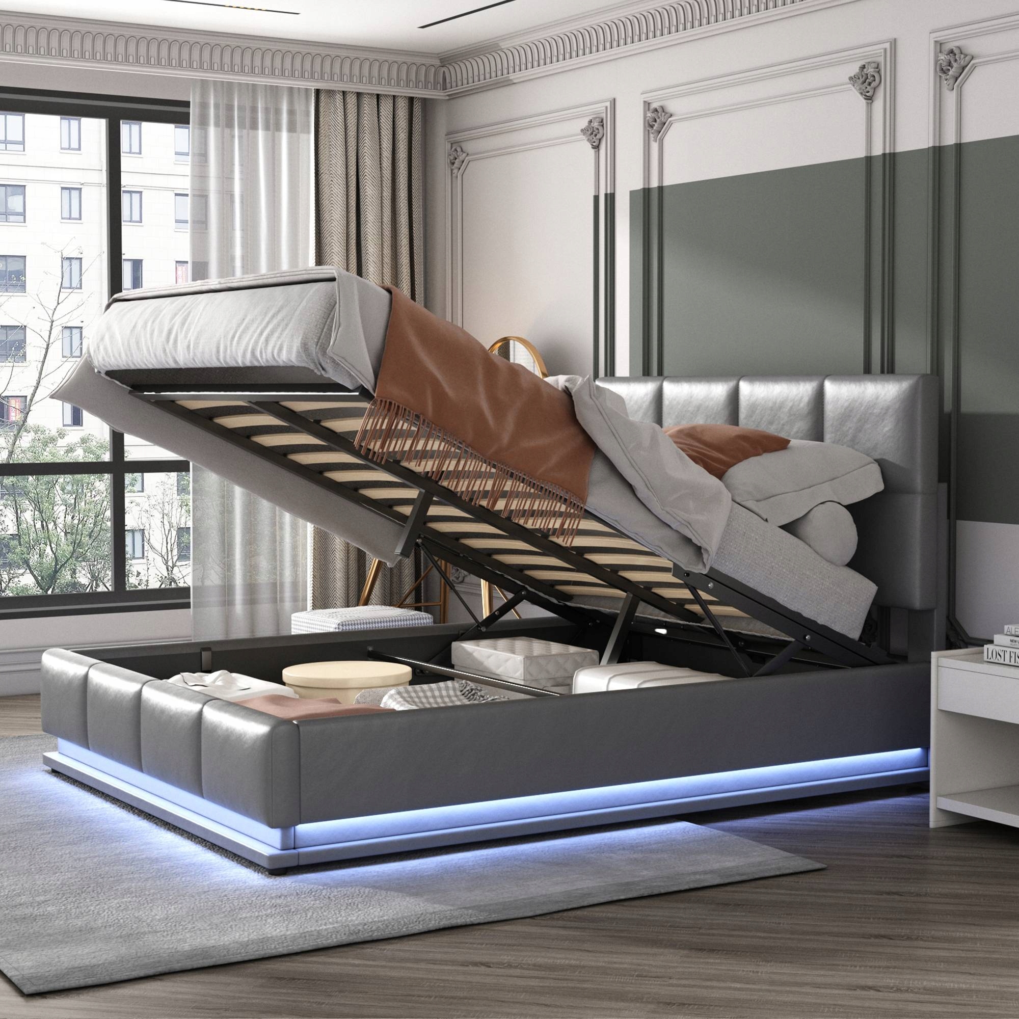Čalouněná postel Dvojlůžko 140 x 200 cm Led Pu Hydraulická šedá