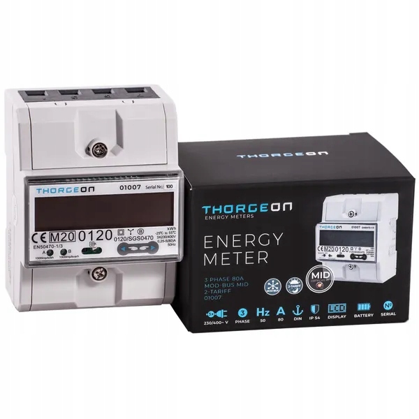 Thorgeon 3-fázový Měřič Energie 80A Din 2-tarifní certifikát Mod-bus MID