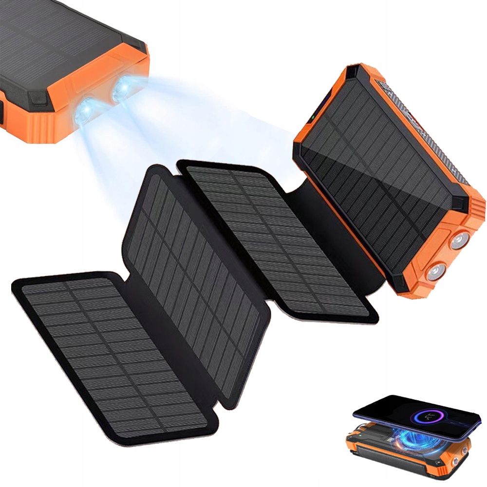 Powerbank Solarny 20000mAh, Przenośna Ładowarka z 4 Panelami Słonecznymi
