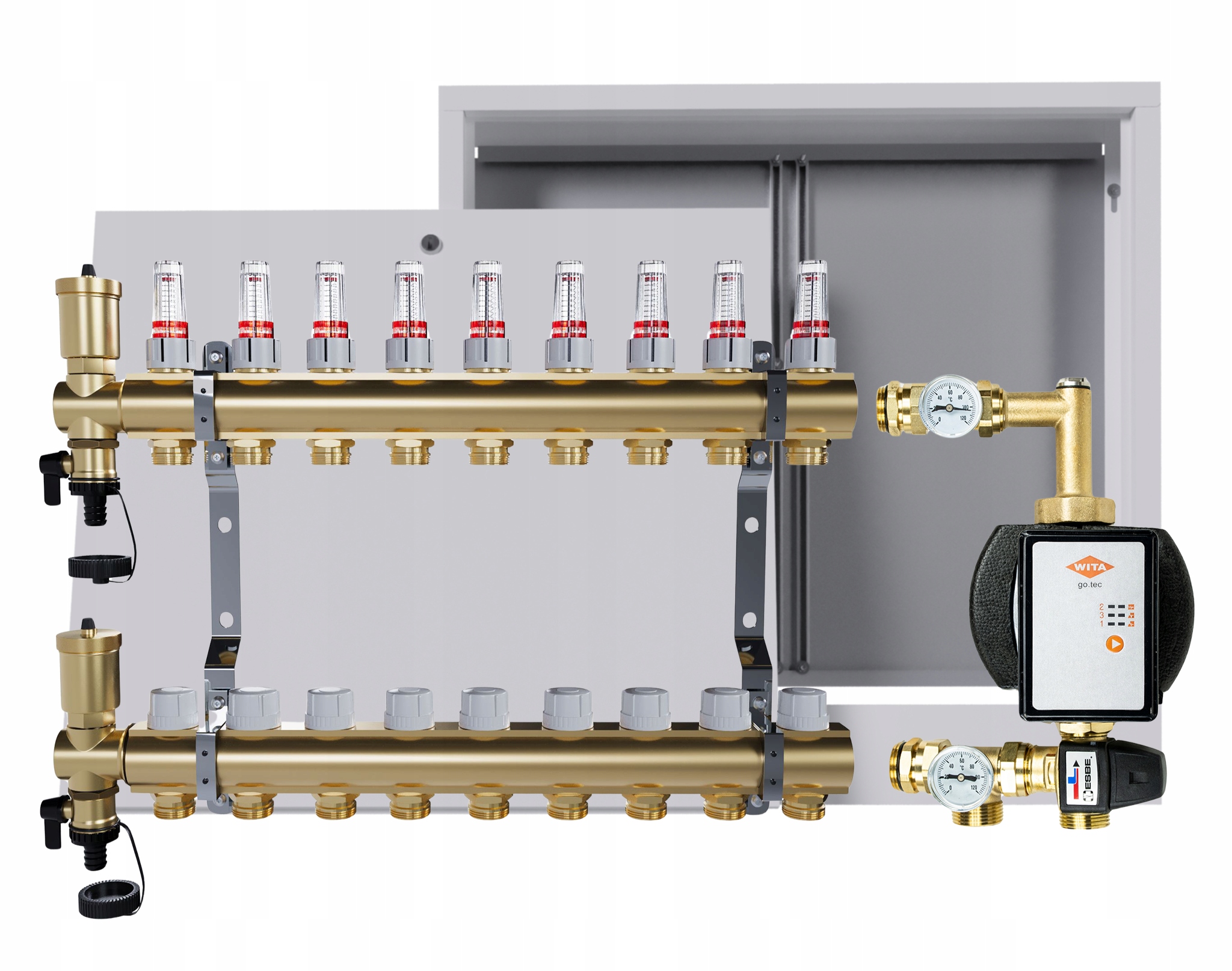 Rozdělovač pro podlahu 9 okruhů s čerpací skupinou Wita nástěnná skříňka