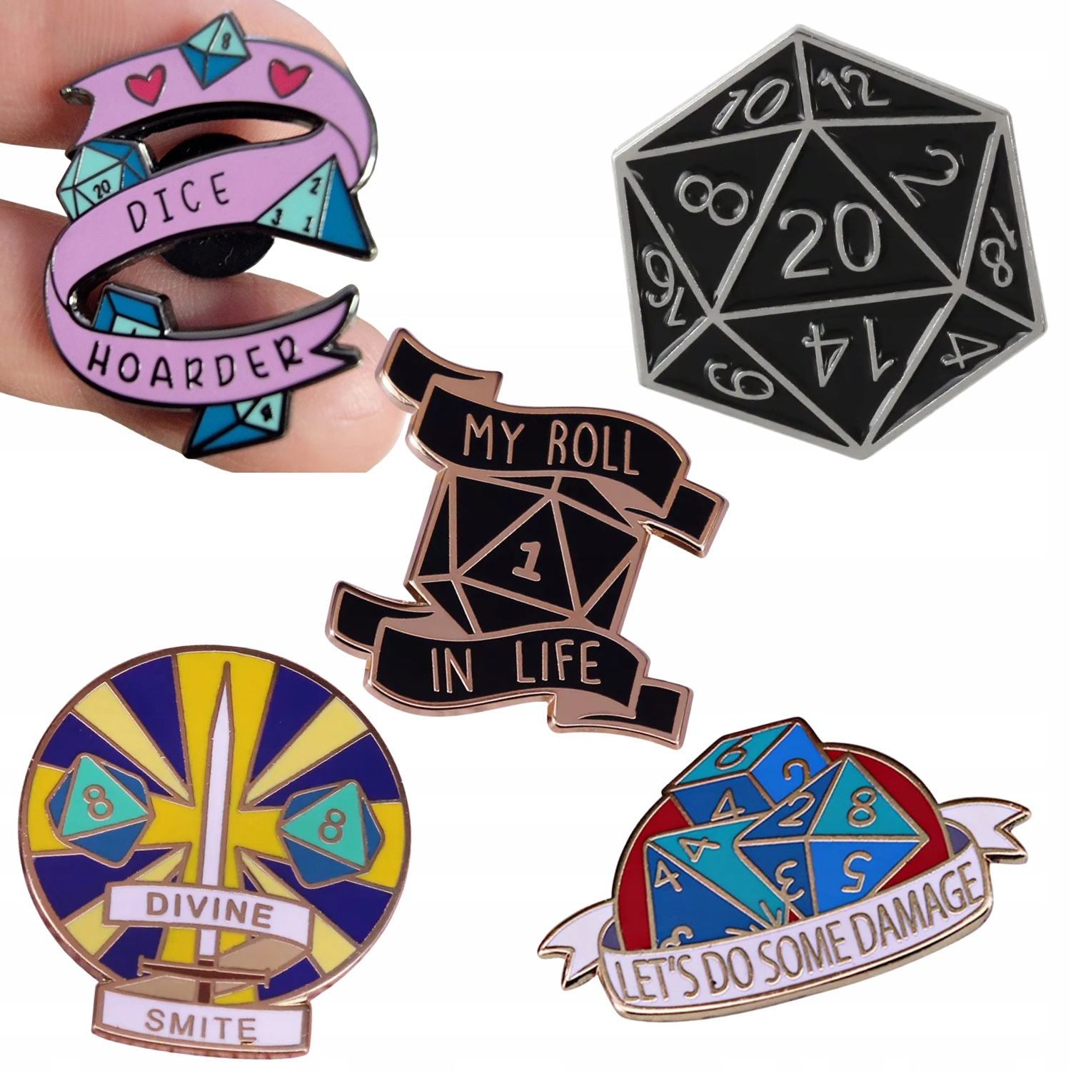 Zestaw 5 Metalowych Przypinek Dungeons & Dragons Dnd Rpg Kocham Kostki