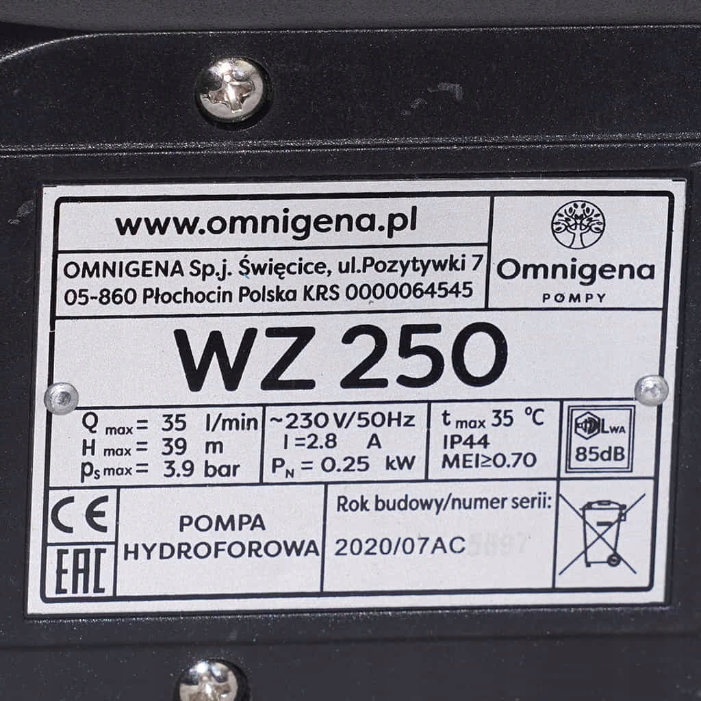 Pompa hydroforowa z osprzętem Omnigena WZ 250 EAN (GTIN) 5907761105669