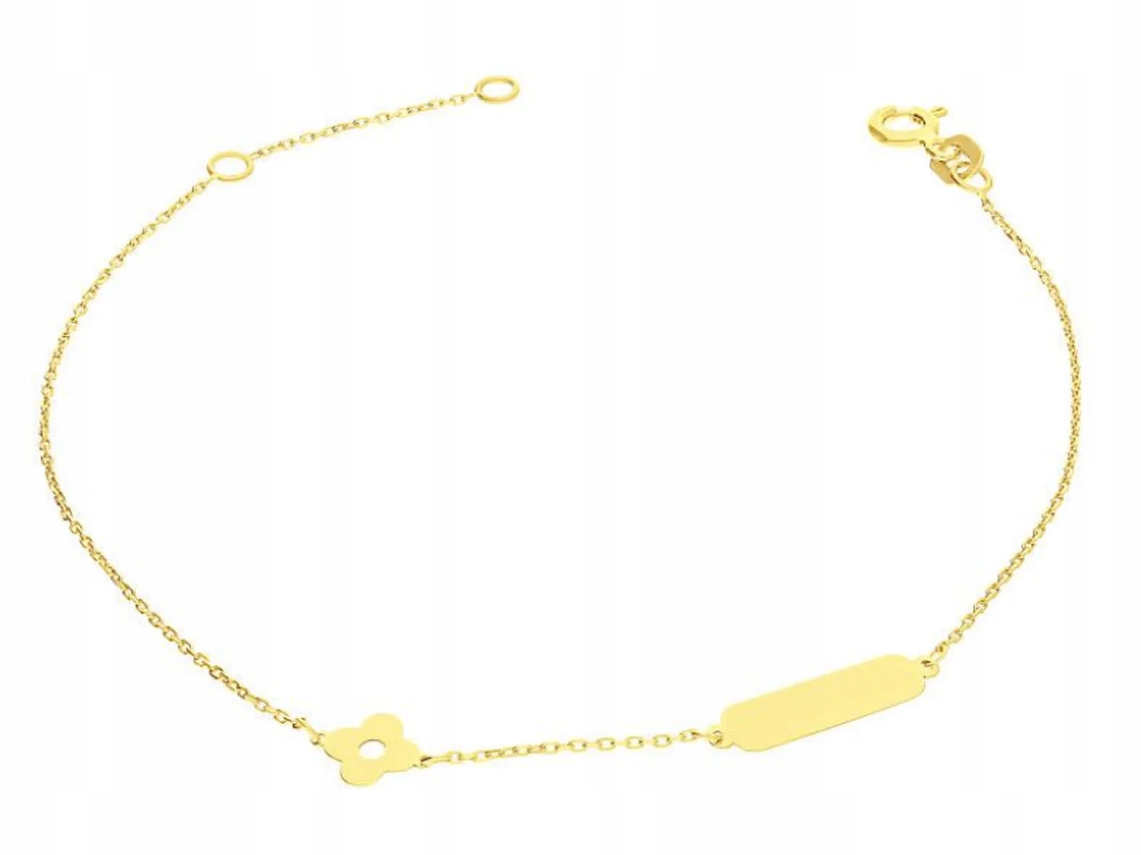 Zlatý dámský náramek 585, hladká destička, řetízek s kvítkem 14kt